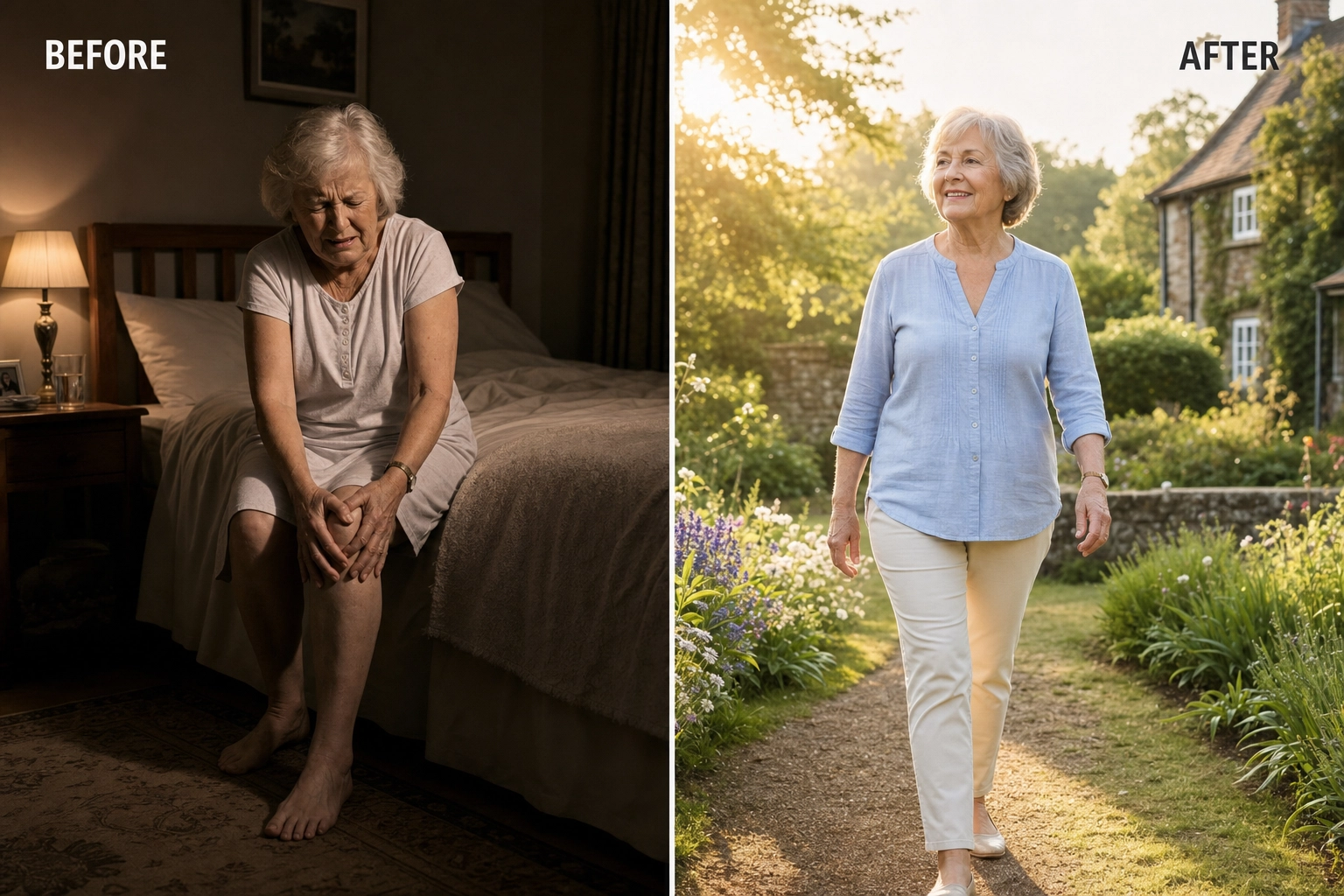 Before: woman in pain at night. After: woman walking in garden