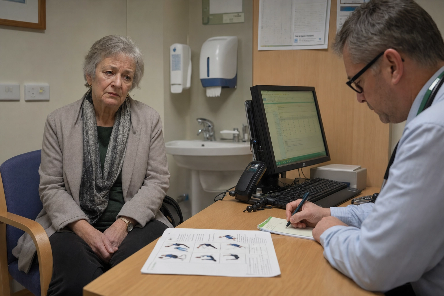 GP consultation room, woman looking resigned