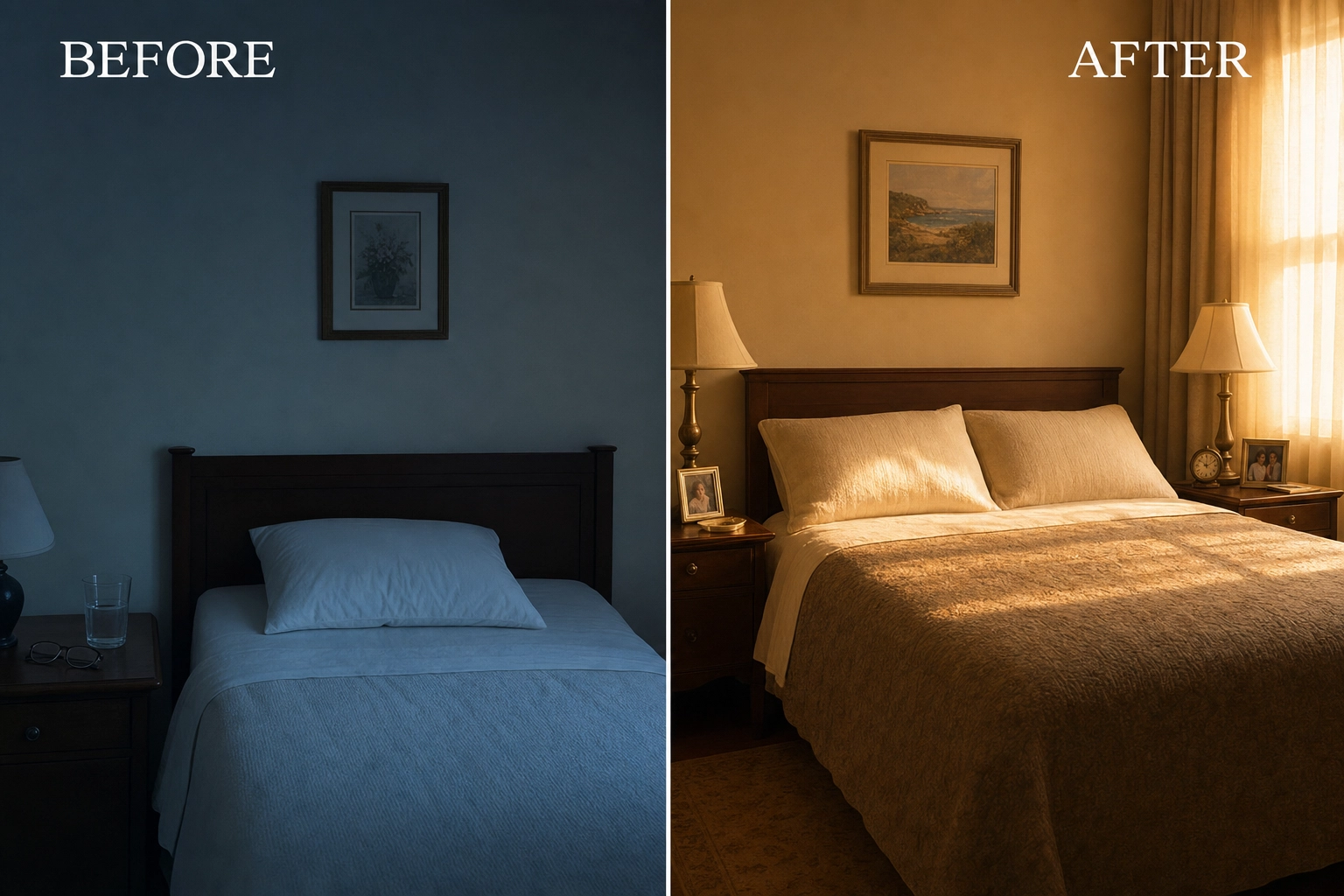 Before: spare bedroom alone. After: warm marital bedroom together