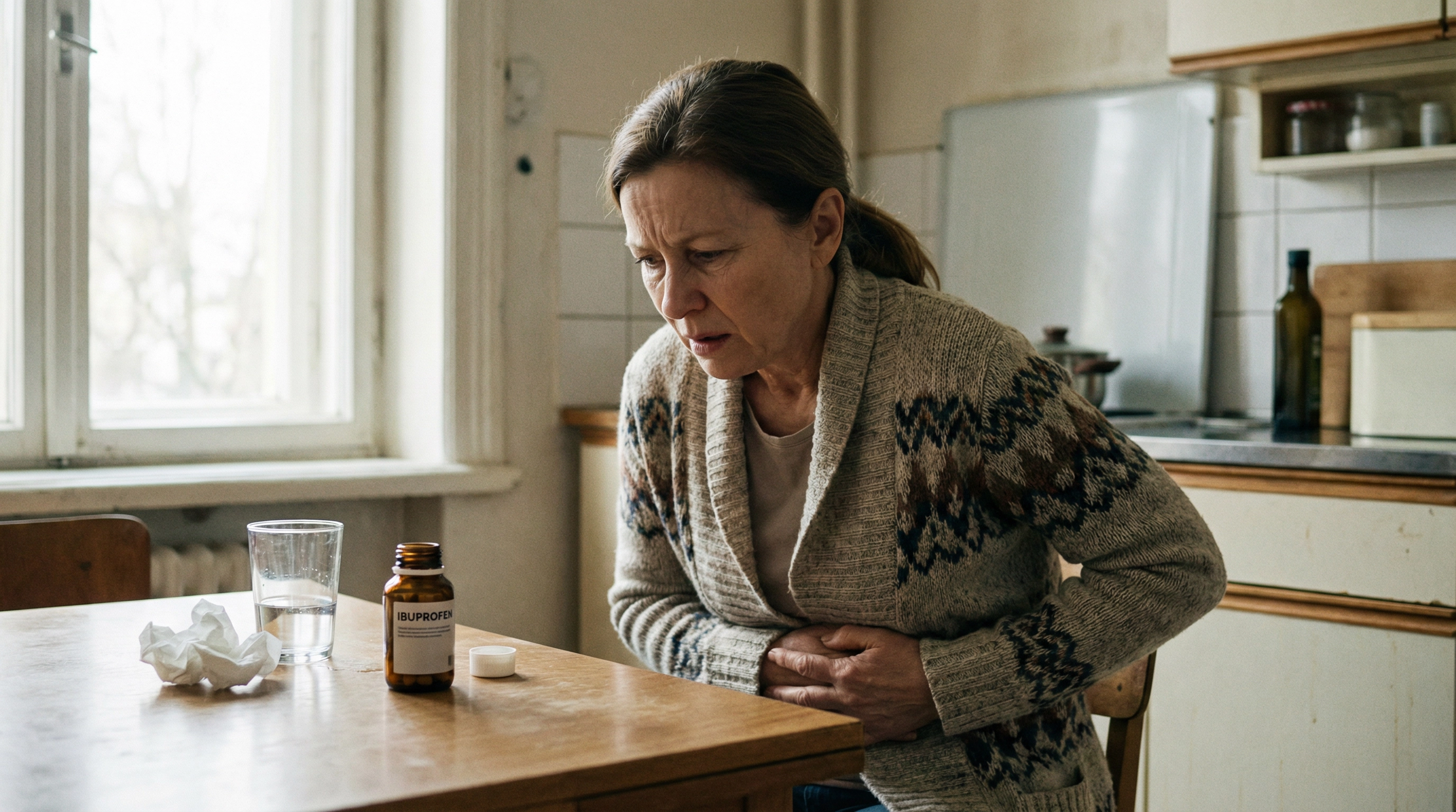 Woman with stomach pain from ibuprofen