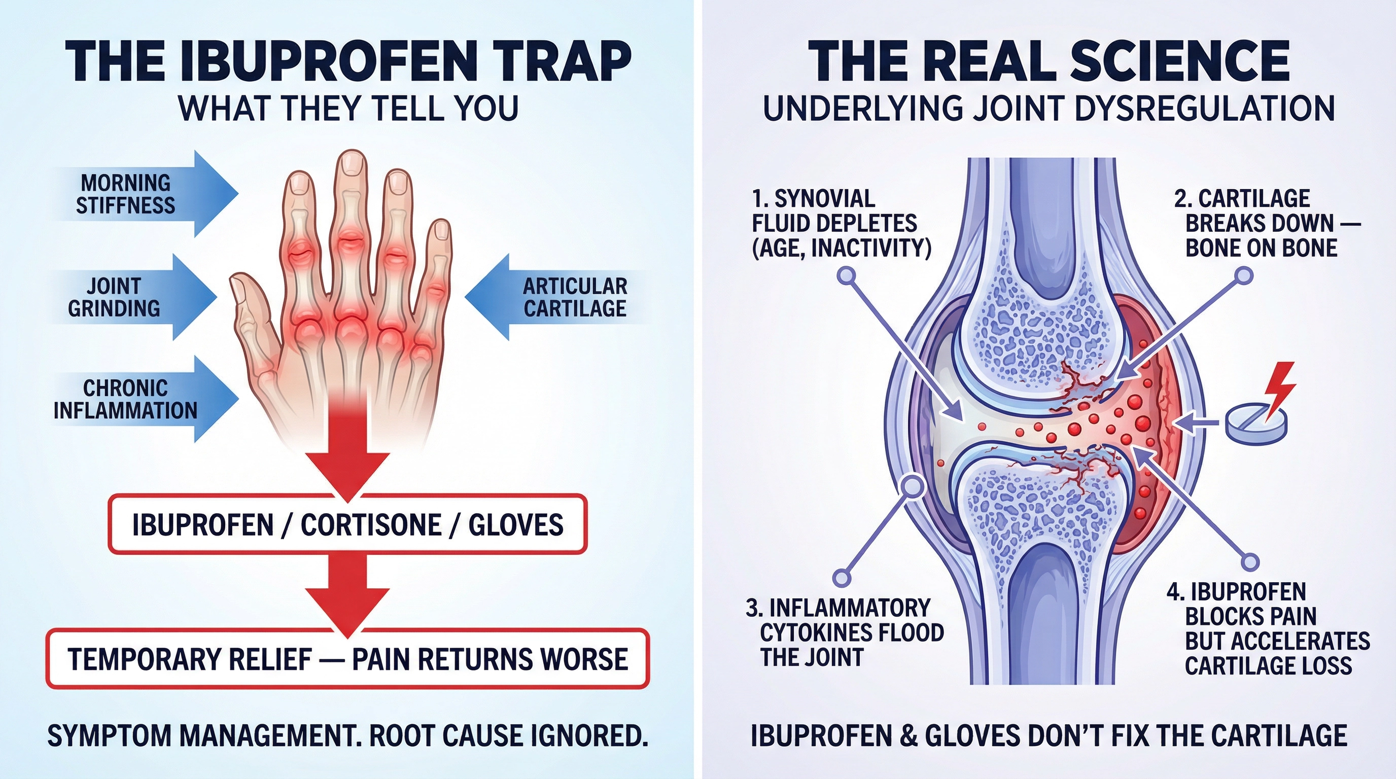 Medical infographic explaining the real root cause of hand arthritis