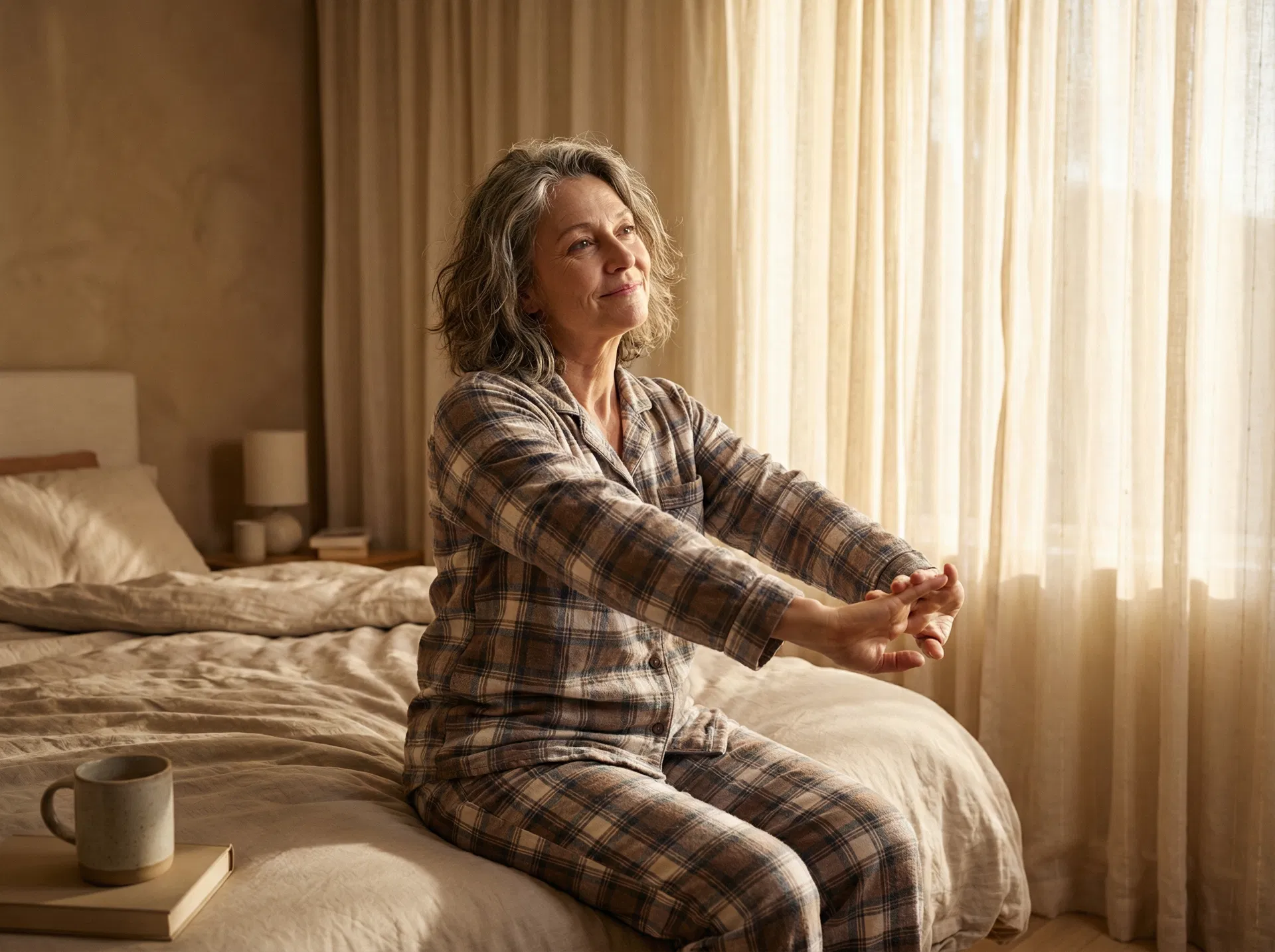 Woman opening and closing hands in the morning