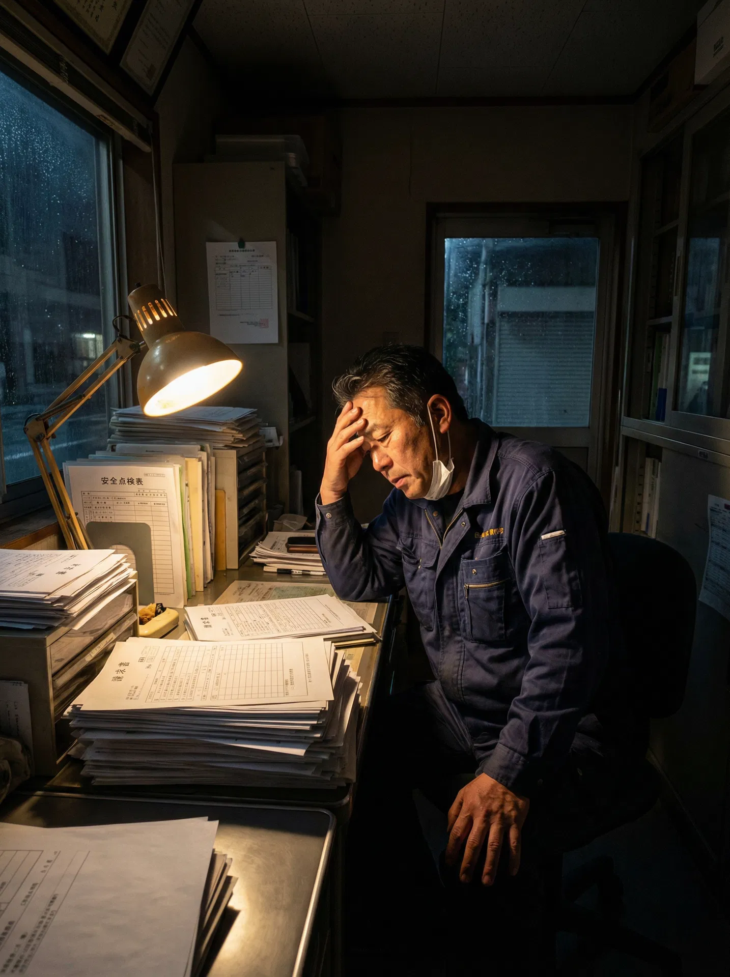 夜中に書類作業をする建設業の社長