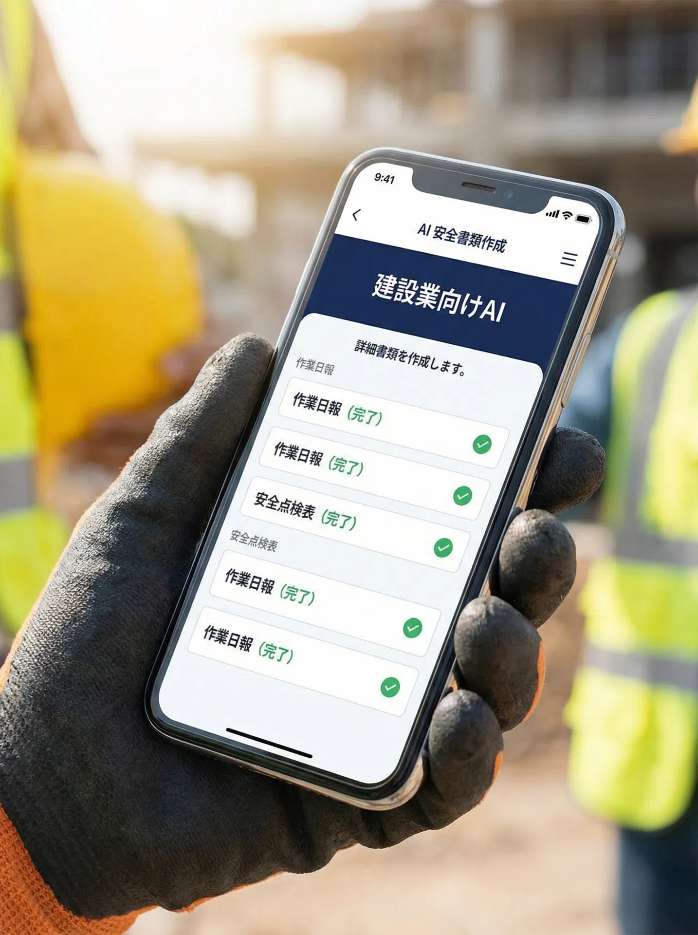 スマホでAI書類作成をする建設作業員