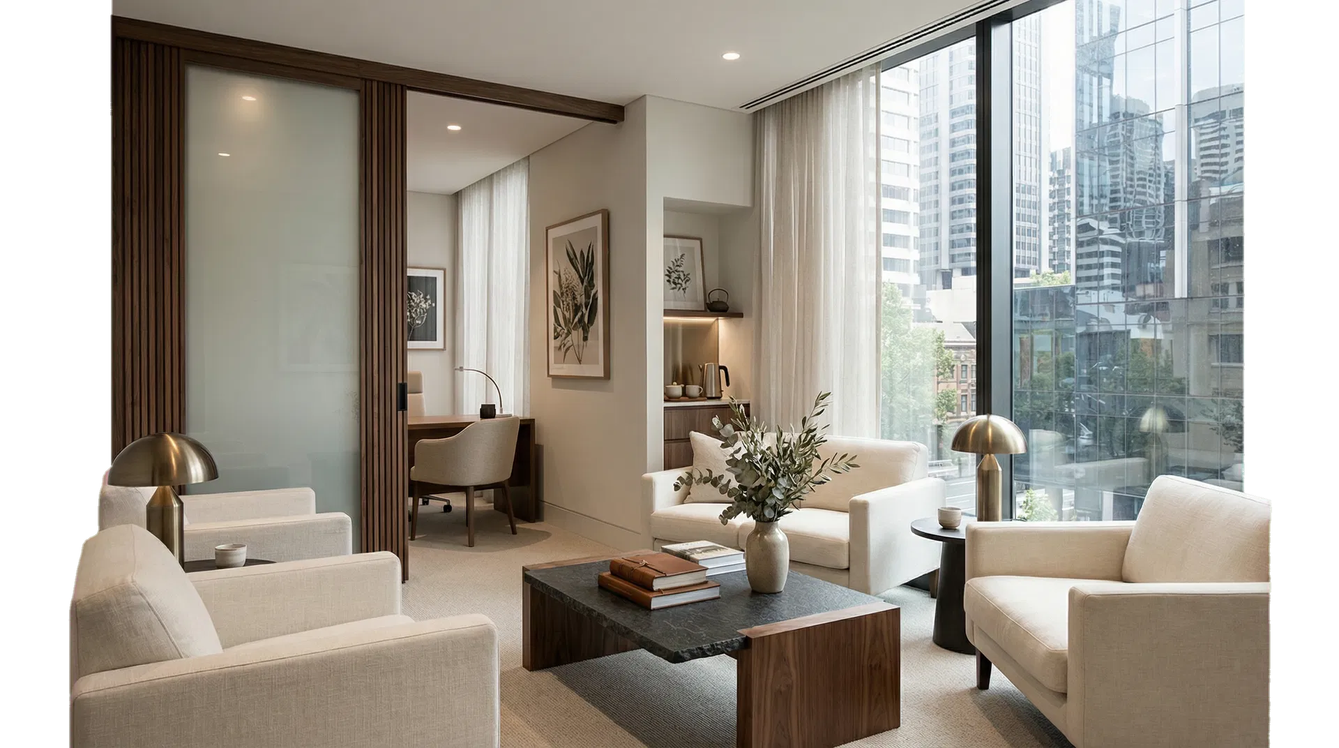 Premium dental implant studio lounge with a refined Sydney clinical aesthetic