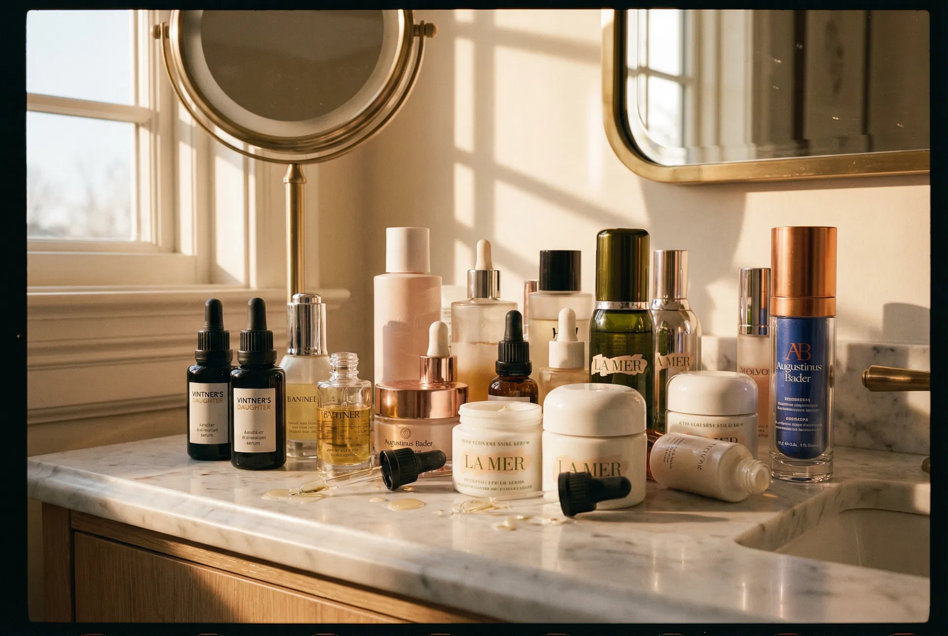 Expensive skincare products crowding a bathroom shelf — serums, creams, and oils in warm morning light