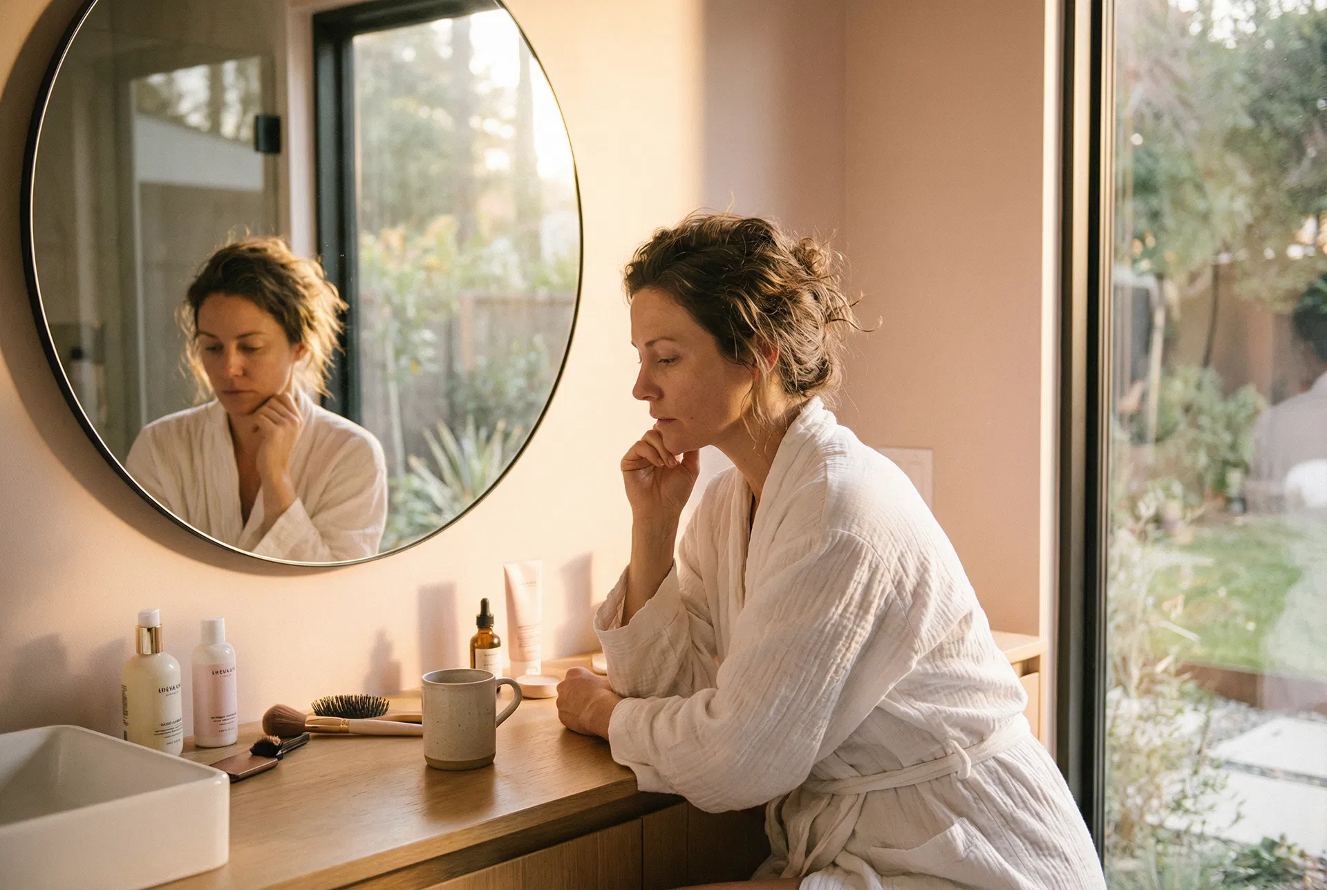Woman looking in bathroom mirror, contemplating her skincare routine