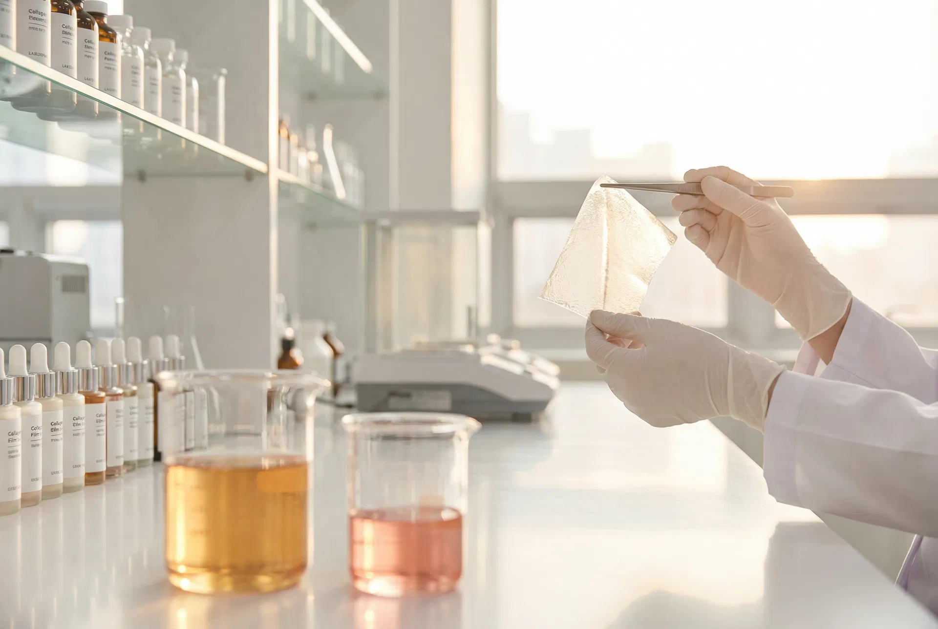 Korean cosmetic laboratory — scientist examining translucent collagen film
