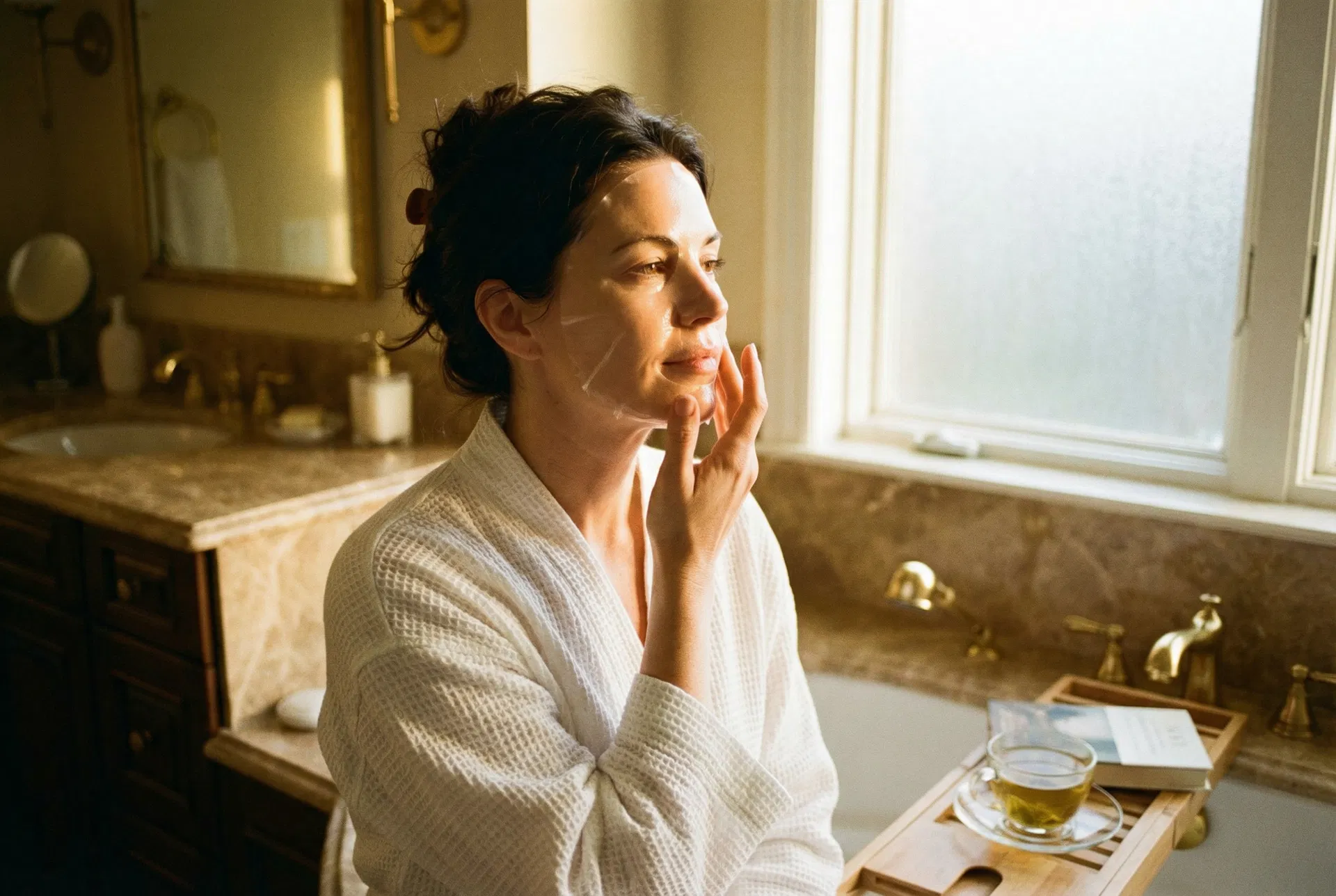 Woman in white robe gently applying translucent collagen mask in warm bathroom light