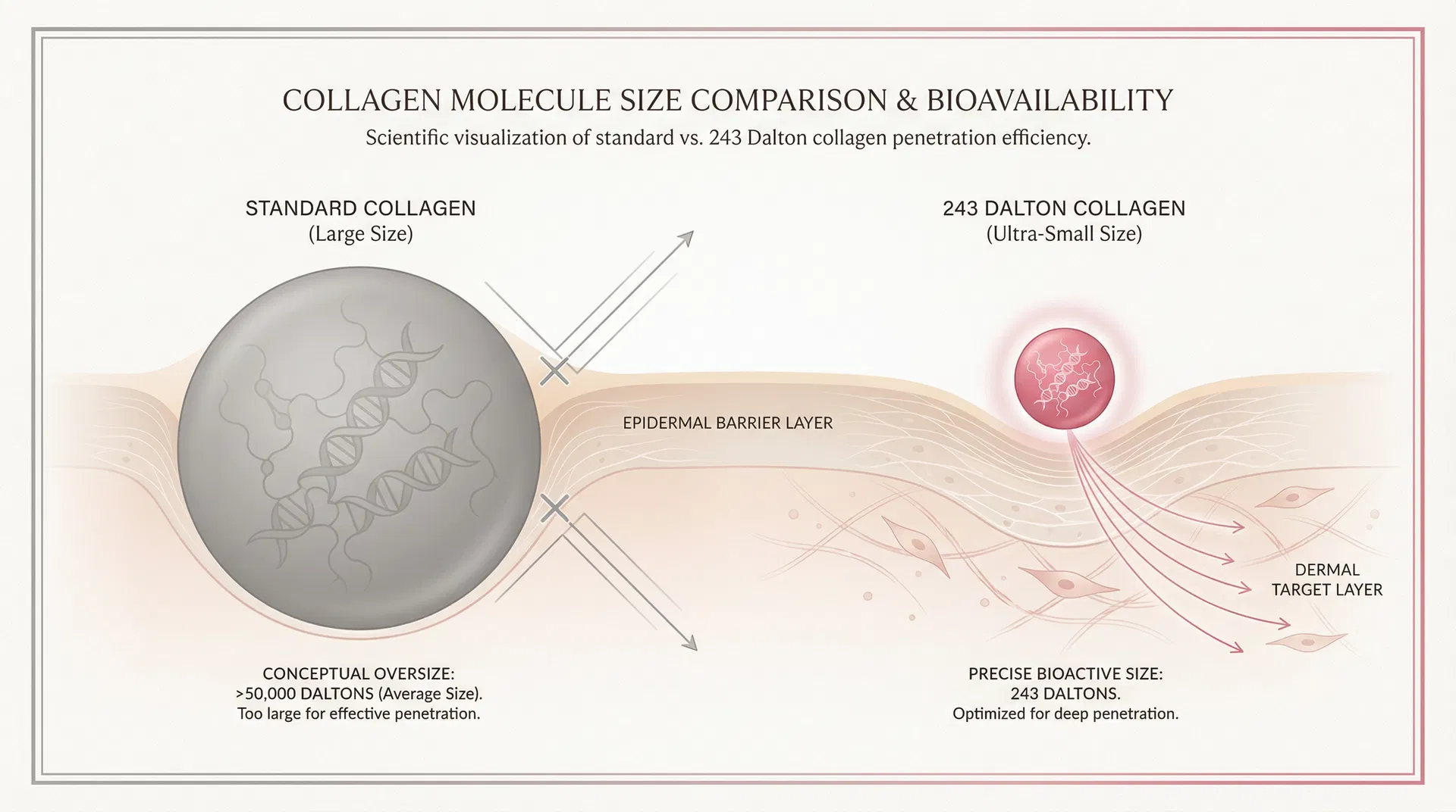 Collagen molecule size comparison — standard vs 243 Dalton