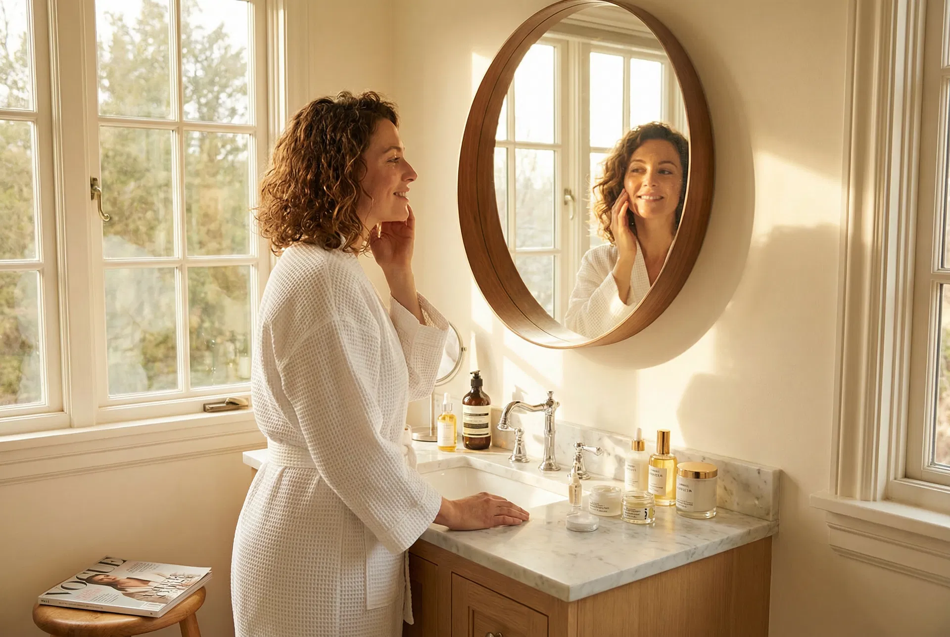 Woman looking at her glowing skin in the mirror with morning light