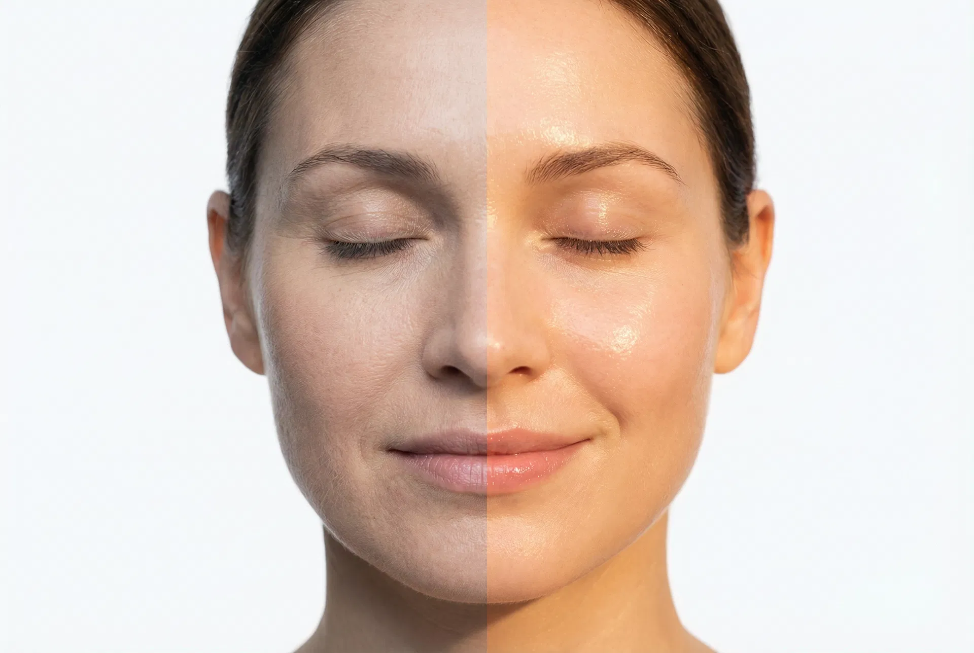 Before and after skin transformation showing visible improvement in hydration and plumpness