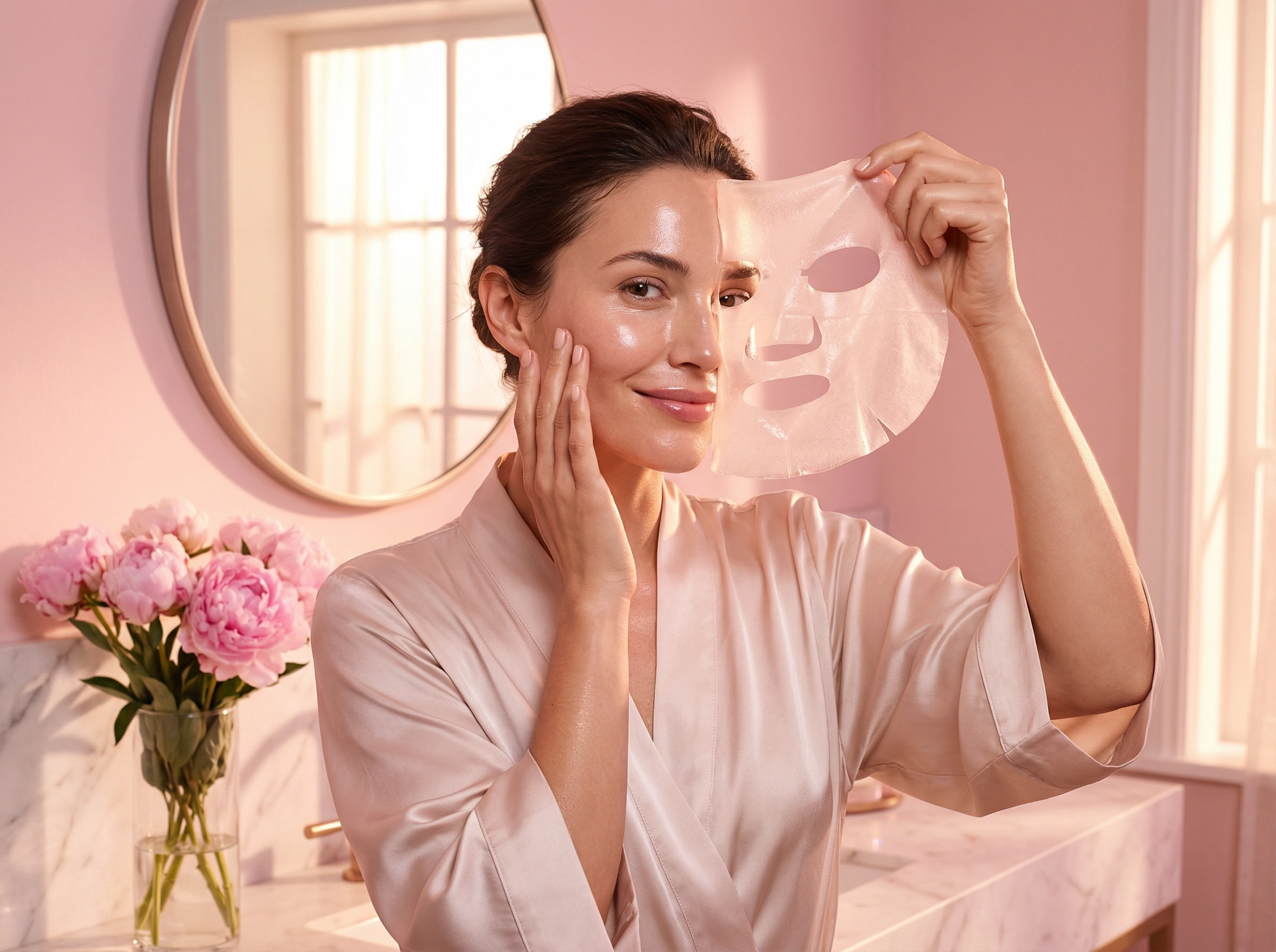 Woman with glowing skin after using collagen mask