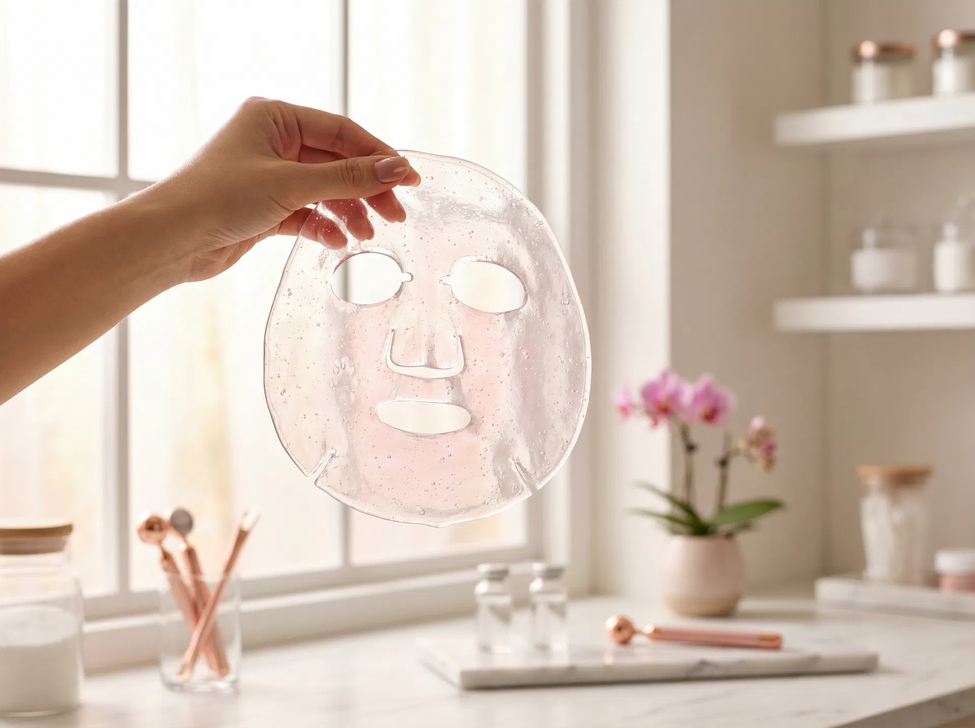 Translucent hydrogel collagen mask held up to light in Korean beauty lab