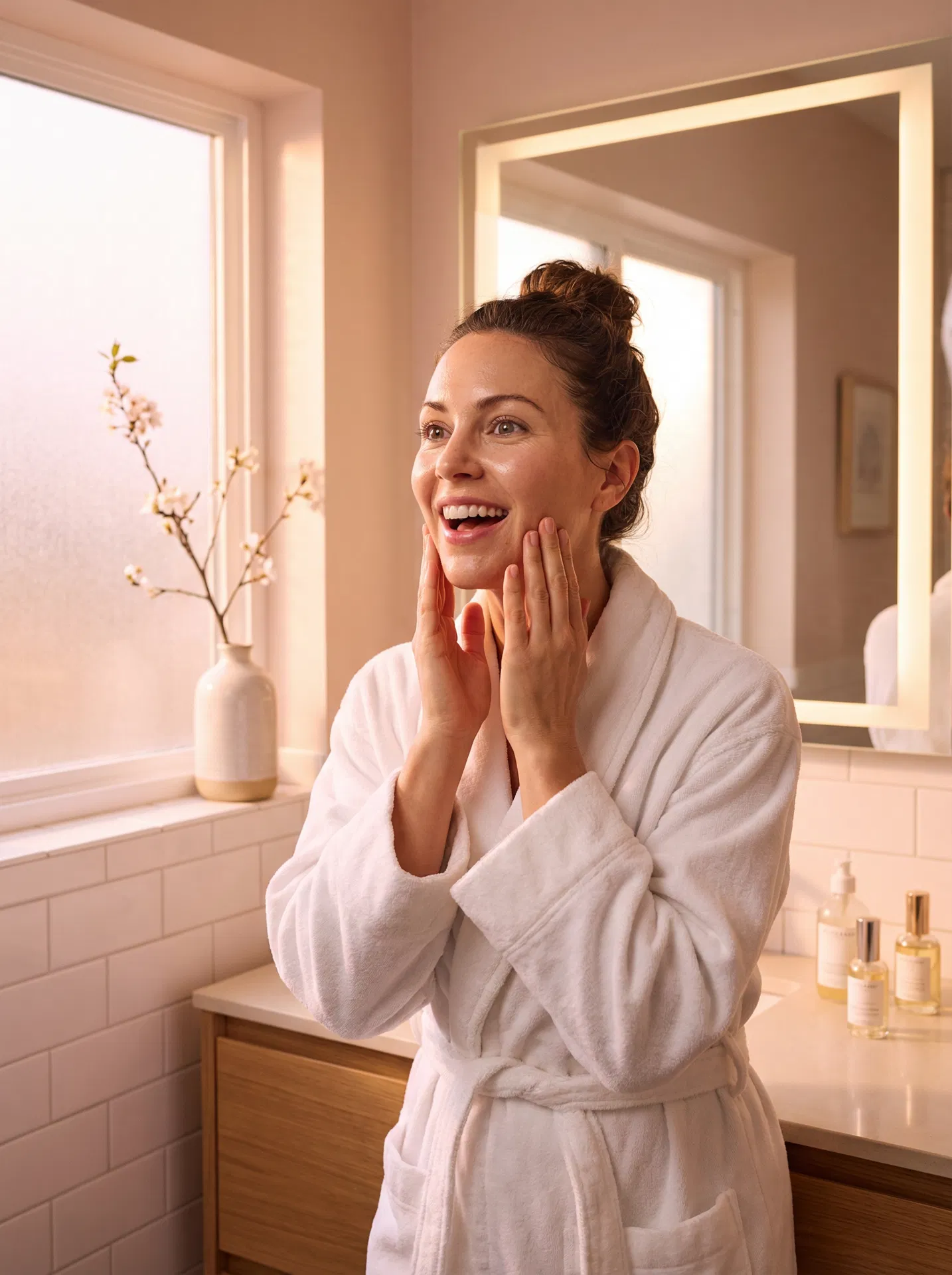 Woman delighted looking at her glowing skin in the morning mirror