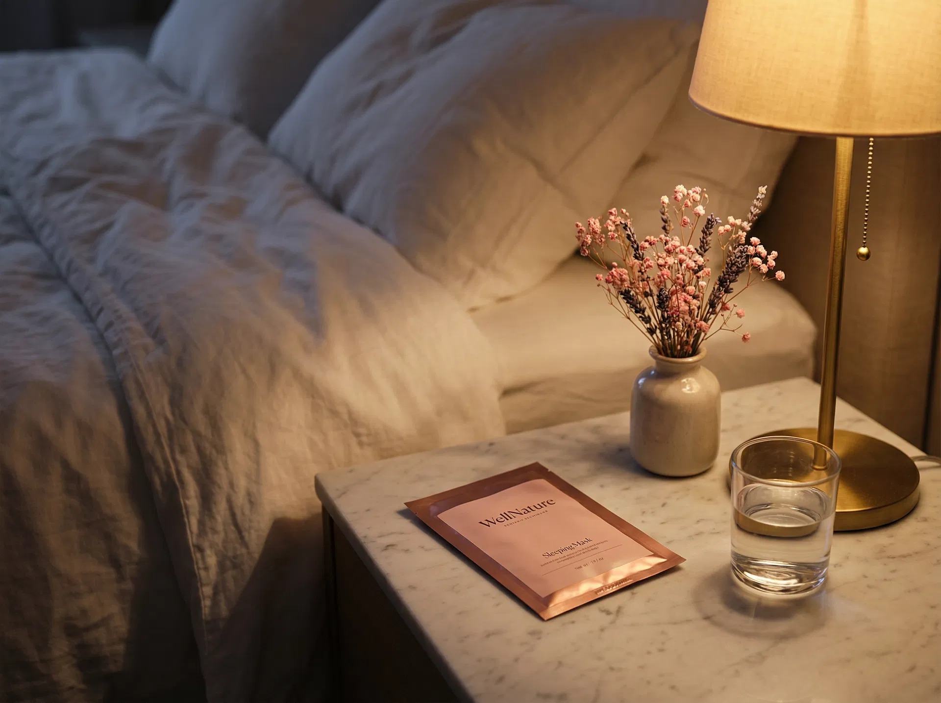 Collagen mask packet on marble nightstand with warm lamp light