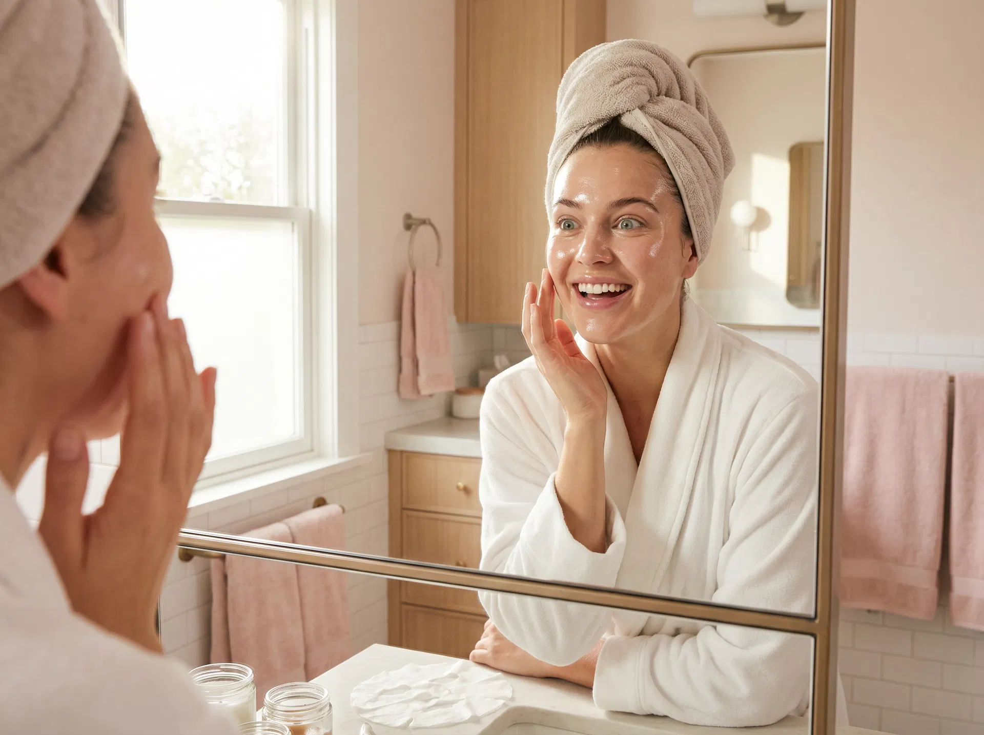 Woman looking at her glowing skin in the mirror after removing the mask