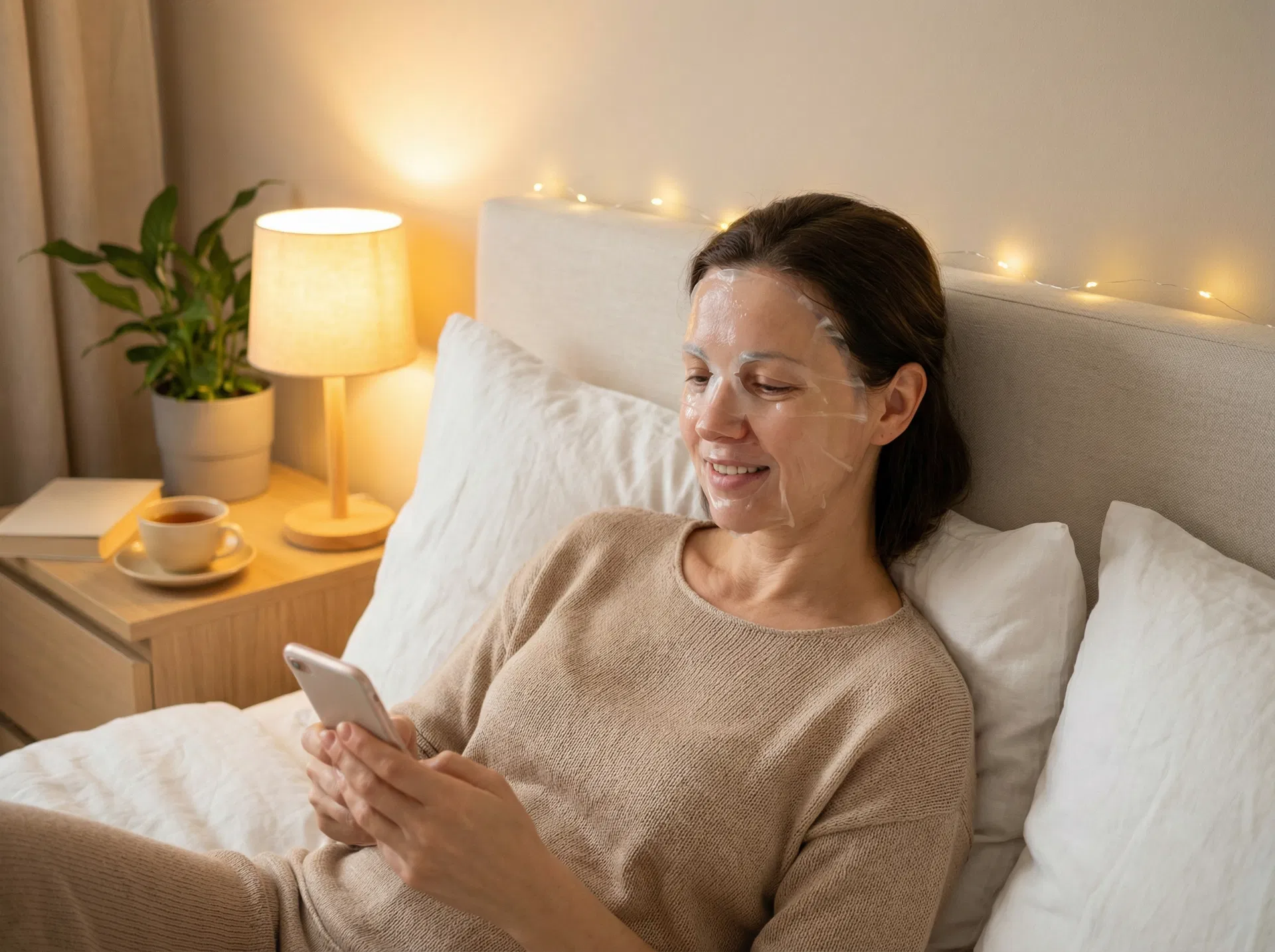 Woman relaxing in bed wearing the overnight collagen mask