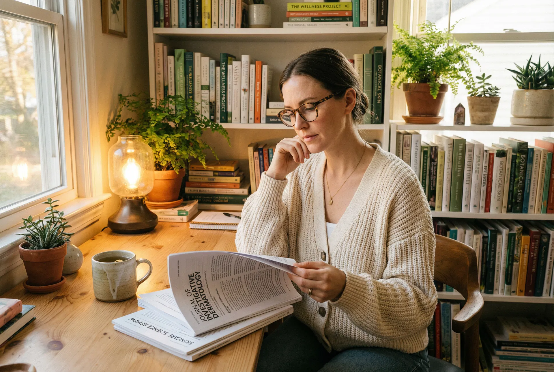 Reading through skincare research at home