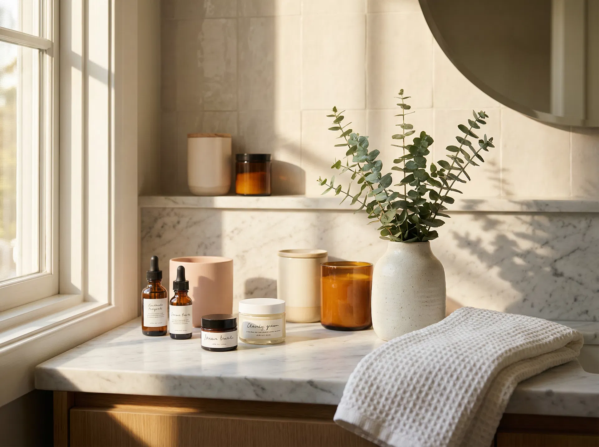 A curated skincare vanity with morning light