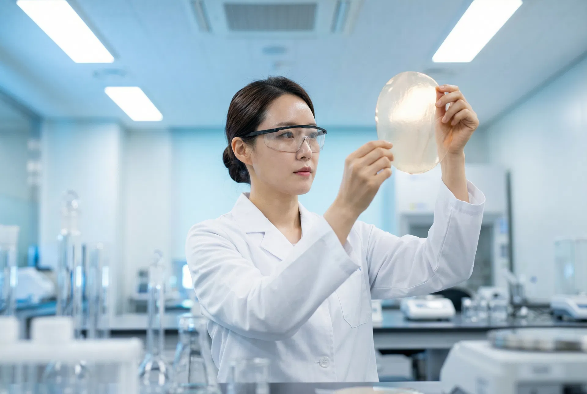 Korean biochemist examining collagen film in laboratory