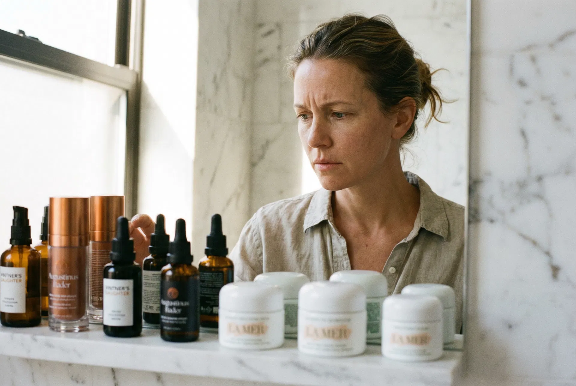 Mara Jensen looking at her bathroom shelf full of skincare products