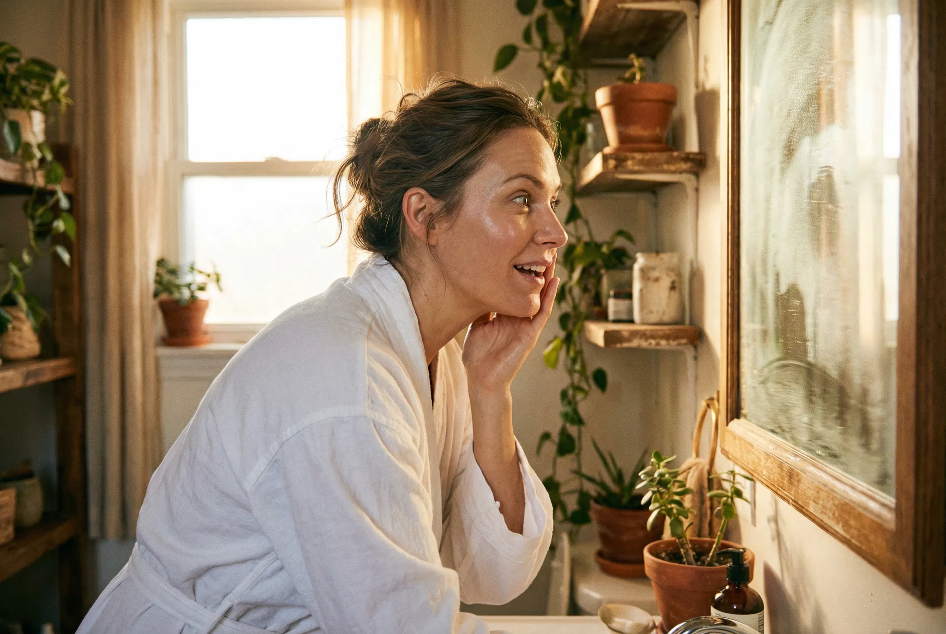 Woman looking in mirror with pleasant surprise at her glowing skin