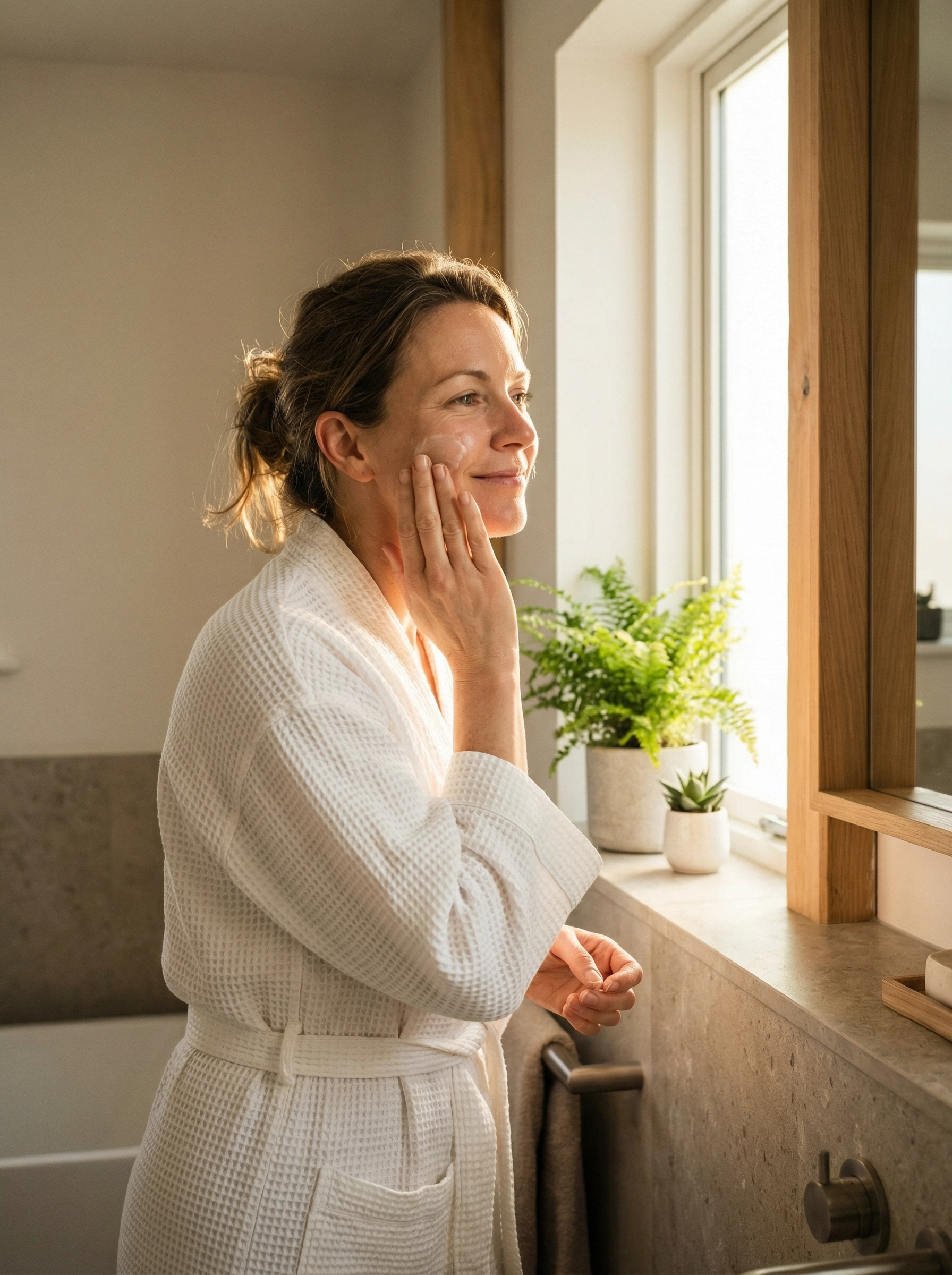 Woman in white robe touching her face with satisfaction in morning light