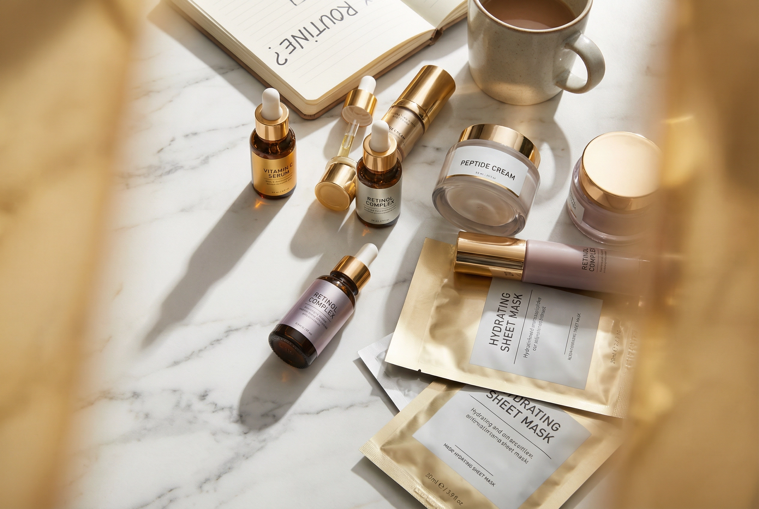 Expensive skincare products scattered on a marble counter
