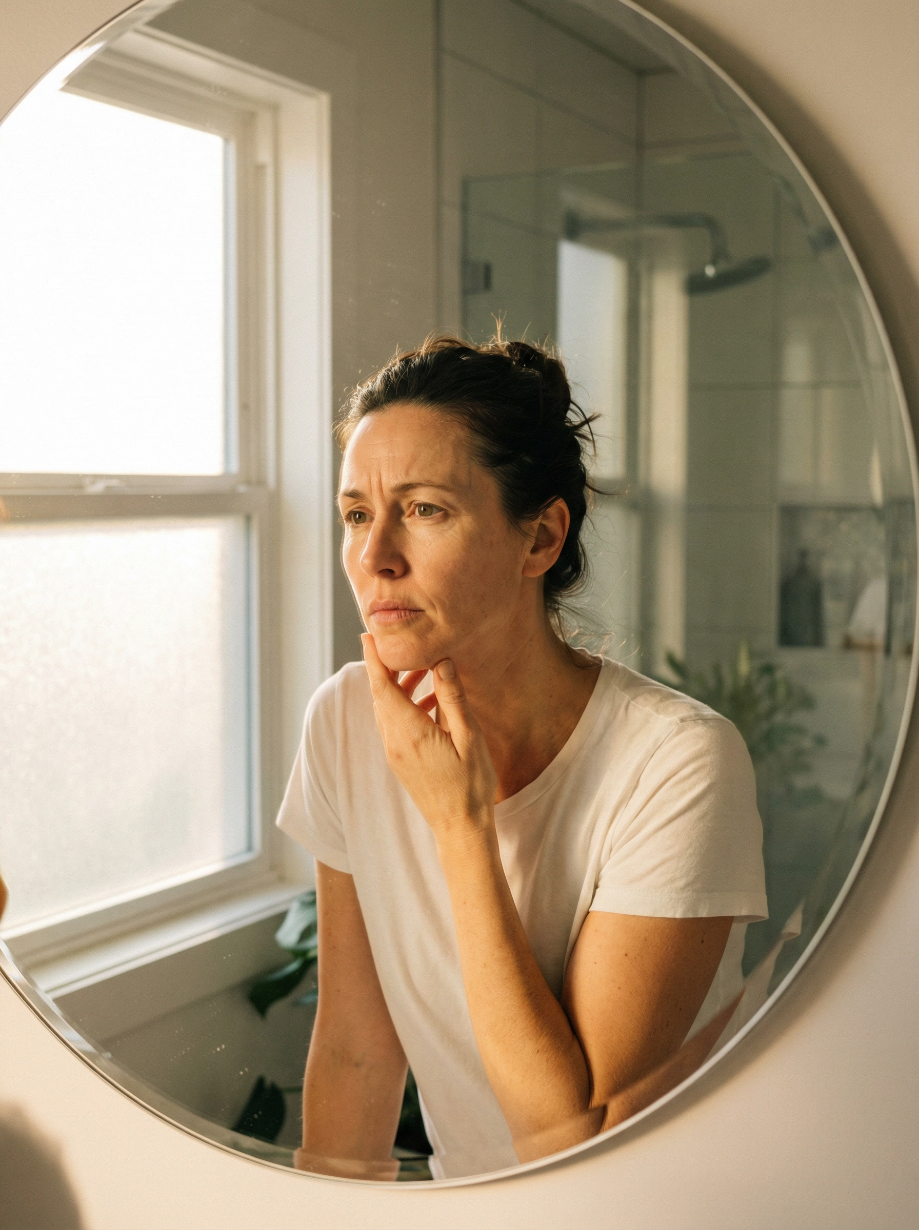 Woman examining her skin in bathroom mirror