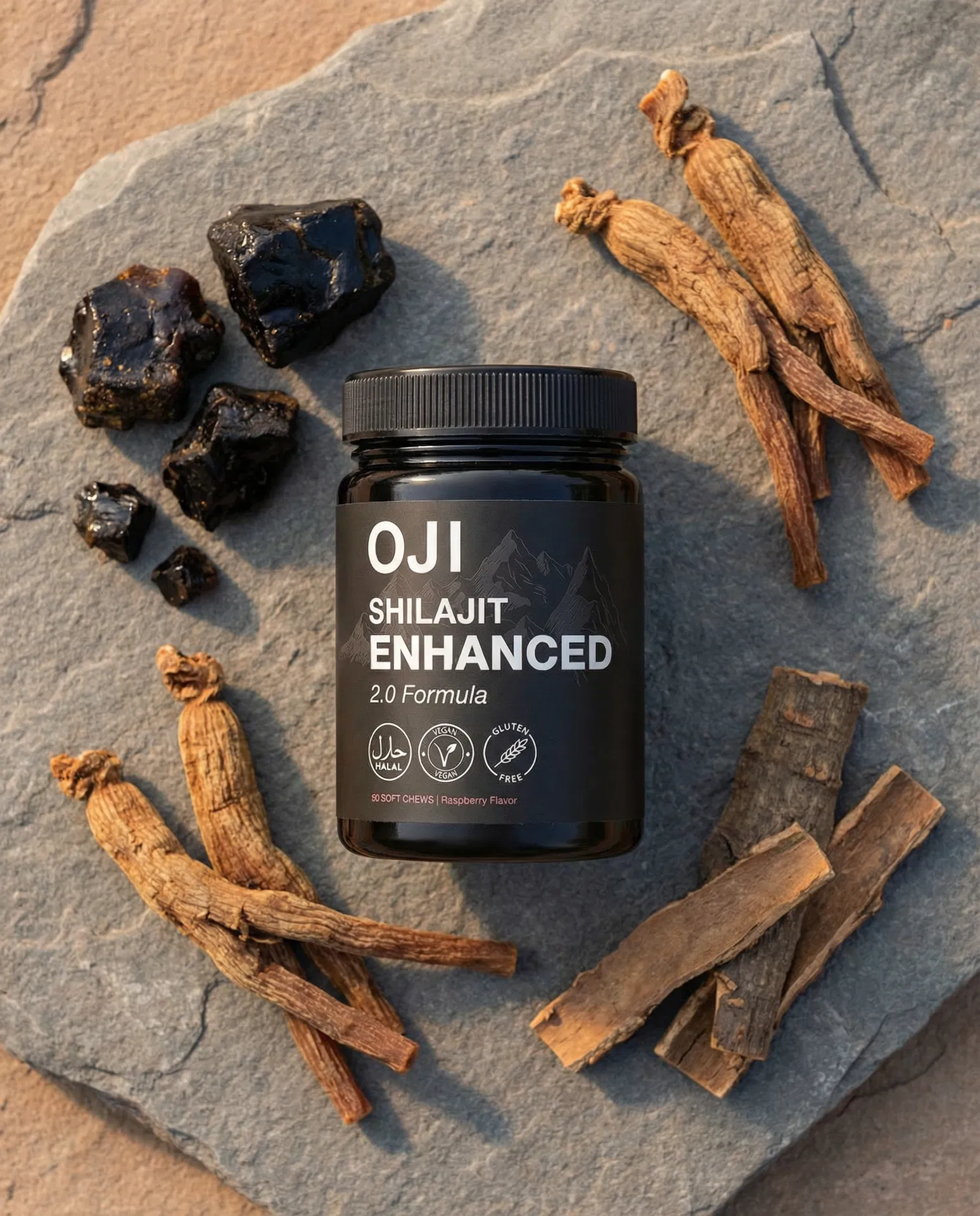 OJI Enhanced 2.0 jar surrounded by Shilajit resin, Korean Red Ginseng roots, and Tongkat Ali bark