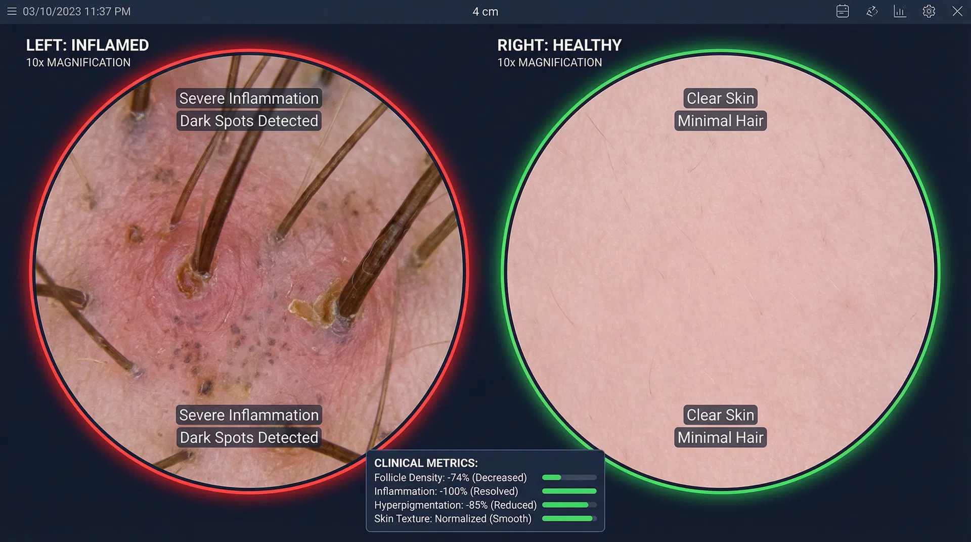 Dermoscopic analysis showing follicle trauma vs healed skin