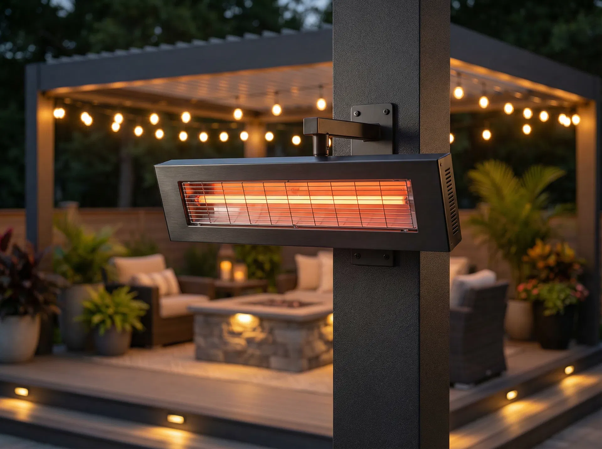 Wall-mounted infrared patio heater on a pergola post