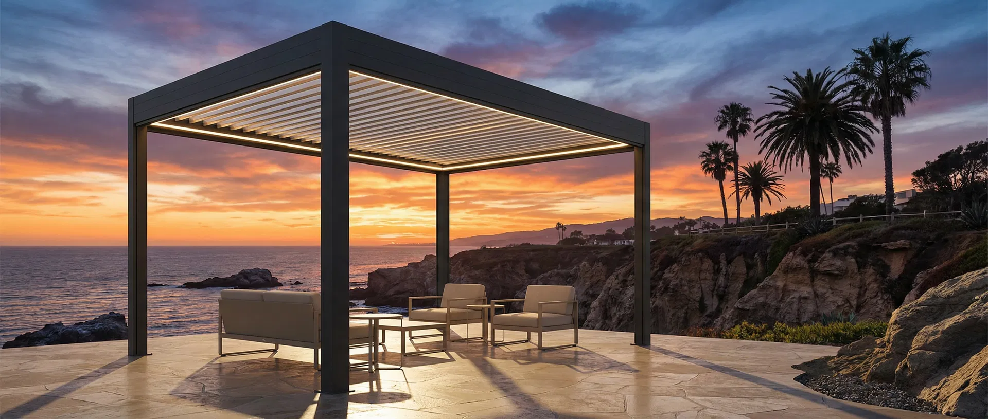 Luxury Pergolaus pergola overlooking the coast at golden hour