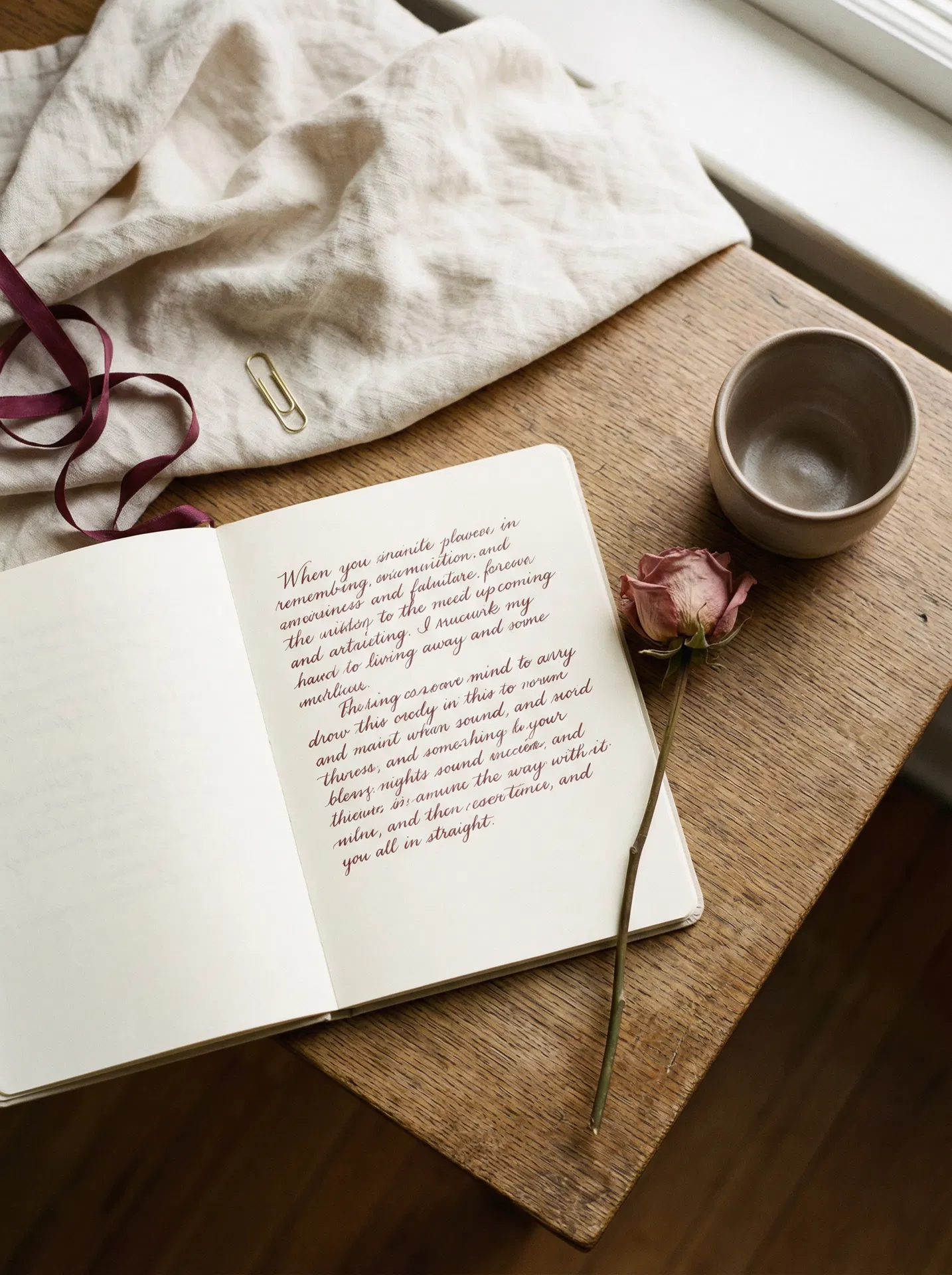 Editorial flat lay — notebook and rose