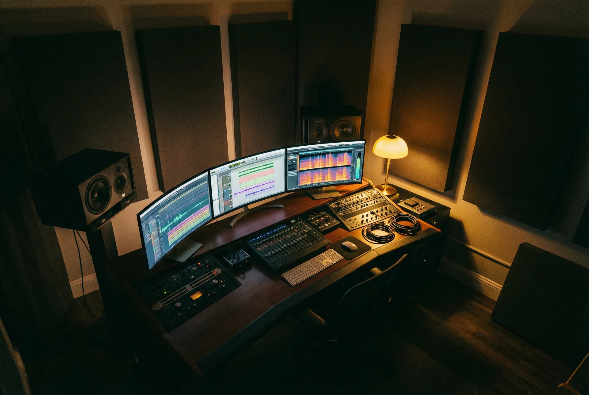 Sound design studio workspace with audio equipment and monitors