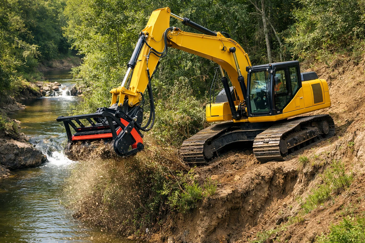 Forestry mulching on pond banks, creek banks, ditches and gullies