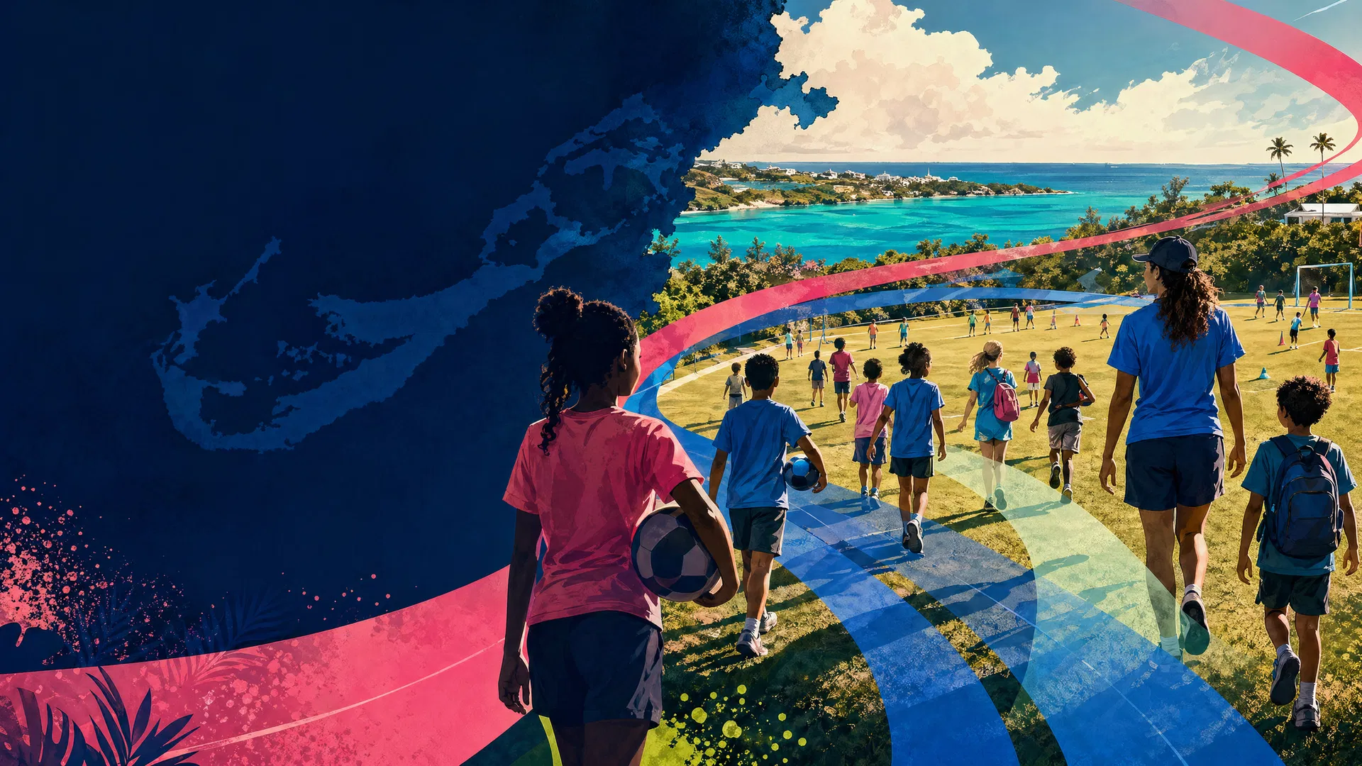 Children walking toward a summer sports camp field in Bermuda