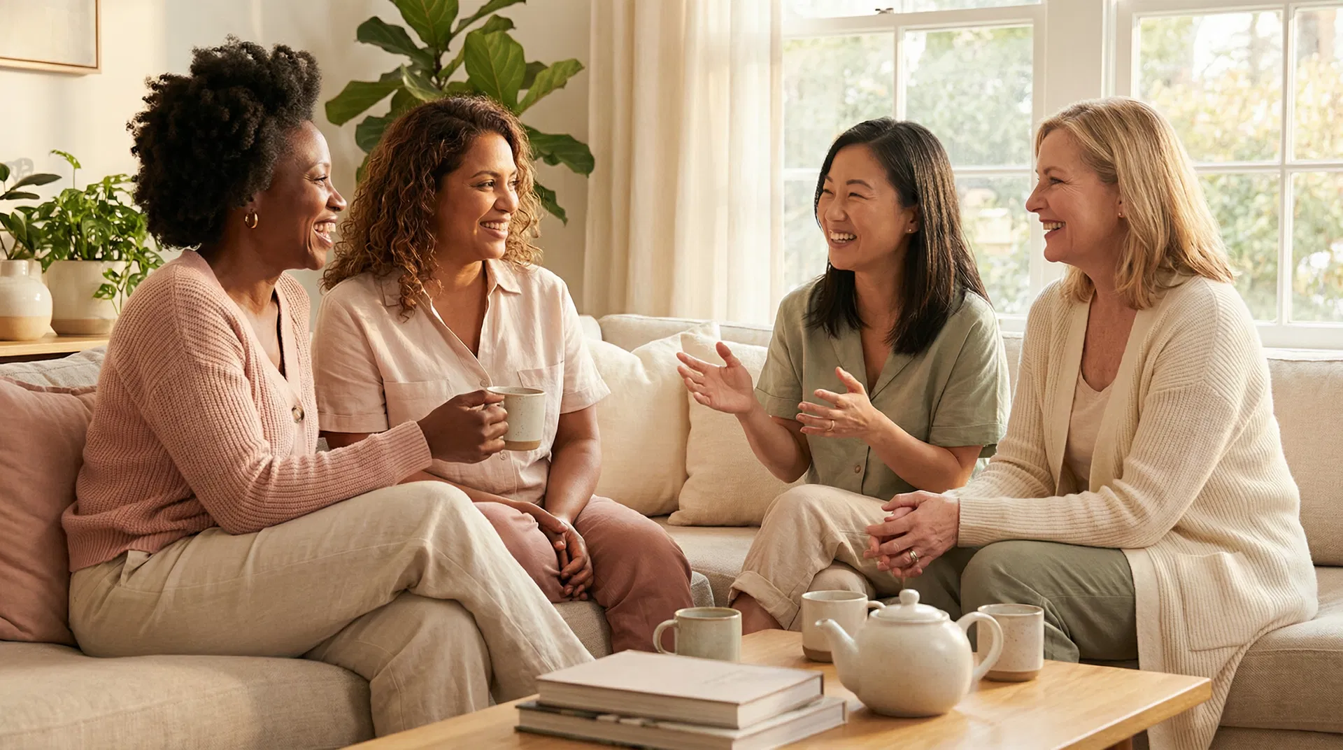 A diverse group of mothers laughing and supporting each other