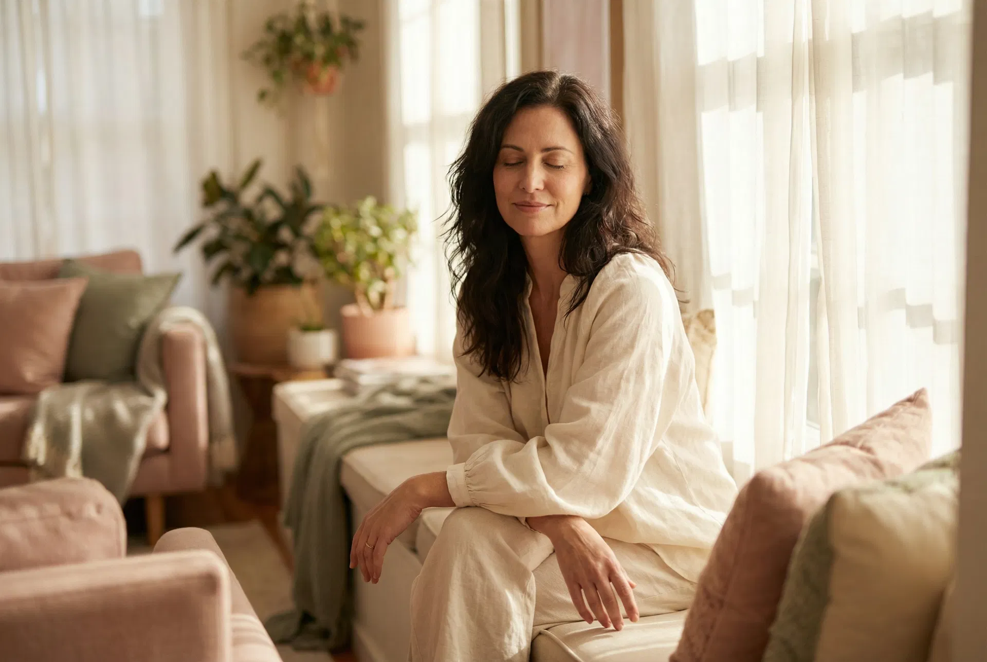 A serene mother in a peaceful moment