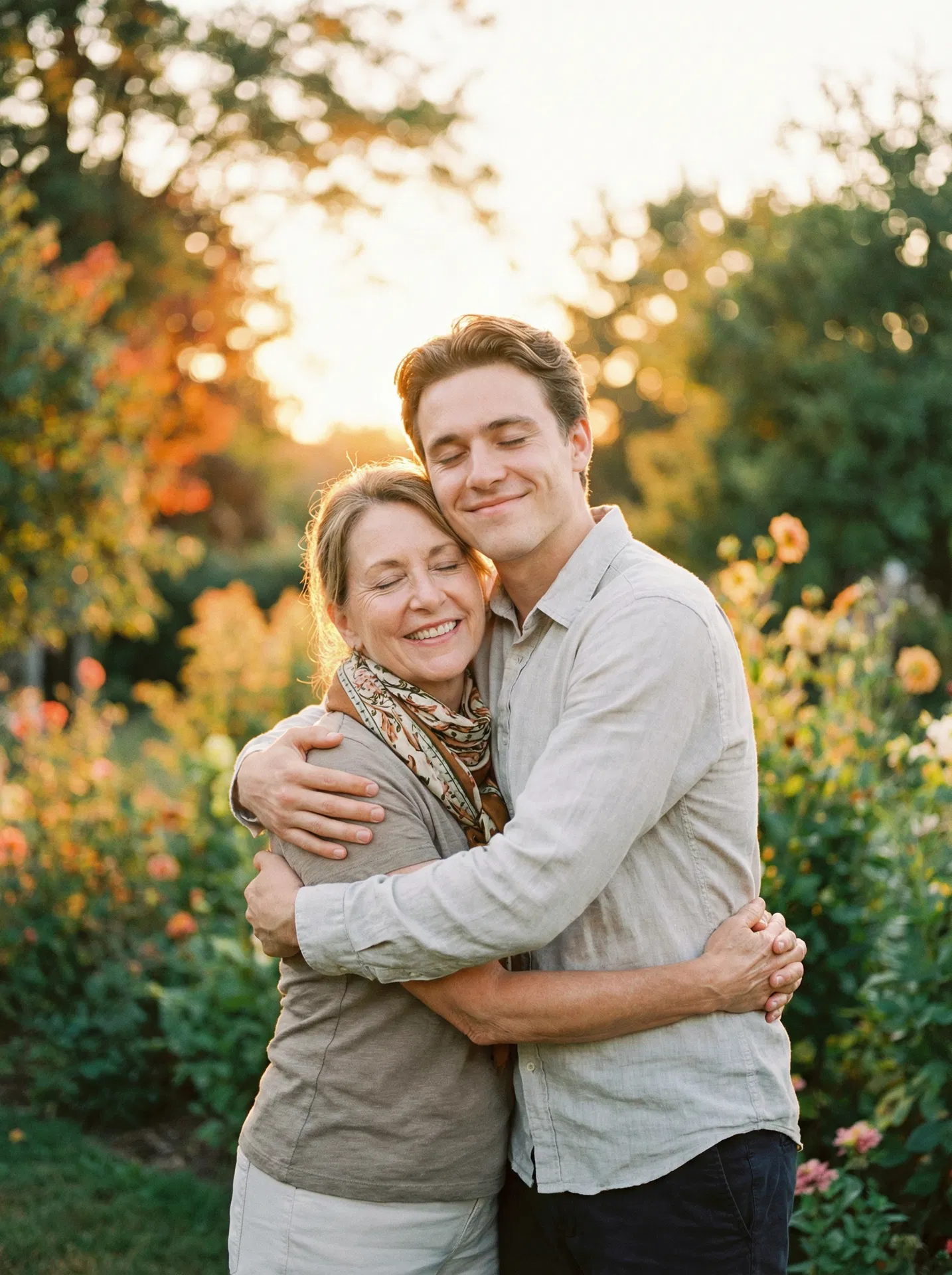 Mother and adult son embracing in a garden