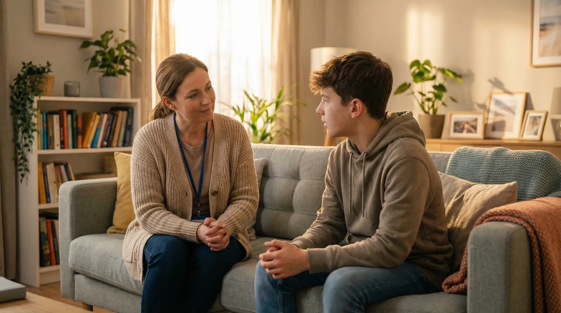 A caring adult and young person having a supportive conversation in a well-maintained residential children's home