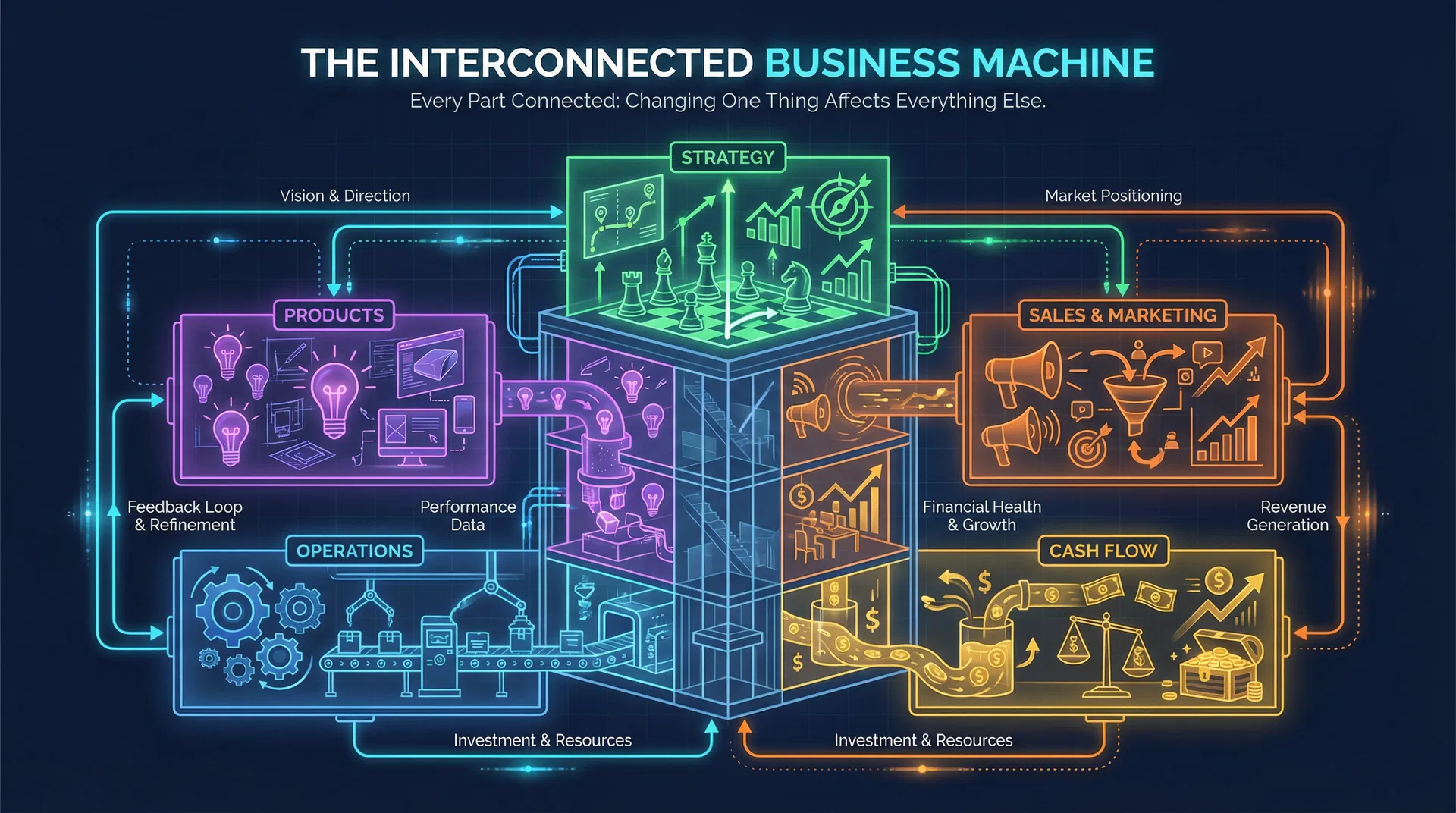 Business systems diagram showing interconnected parts