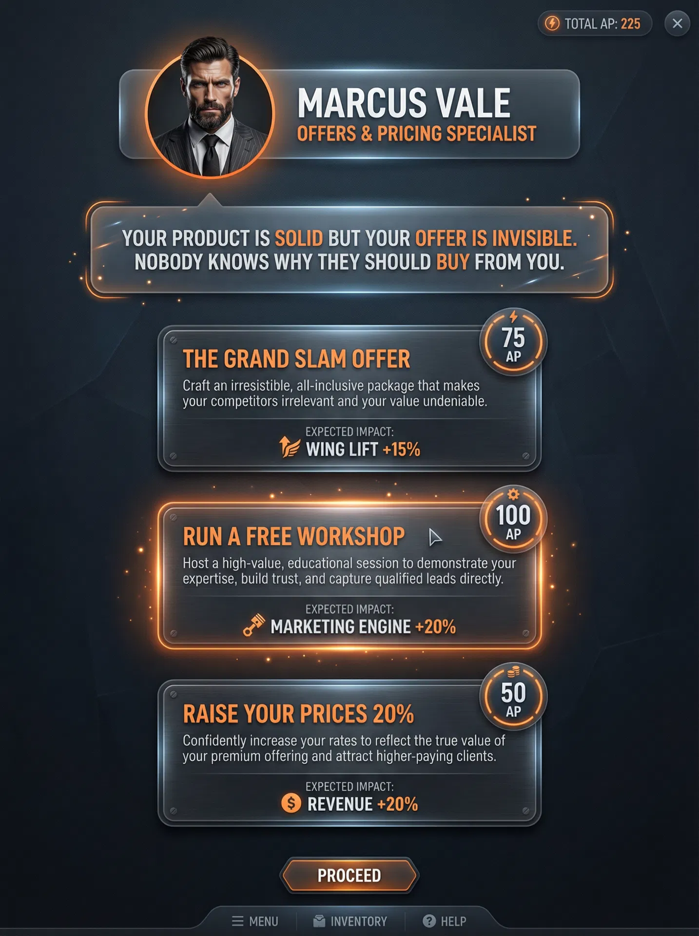 Decision card interface showing Marcus Vale coaching session