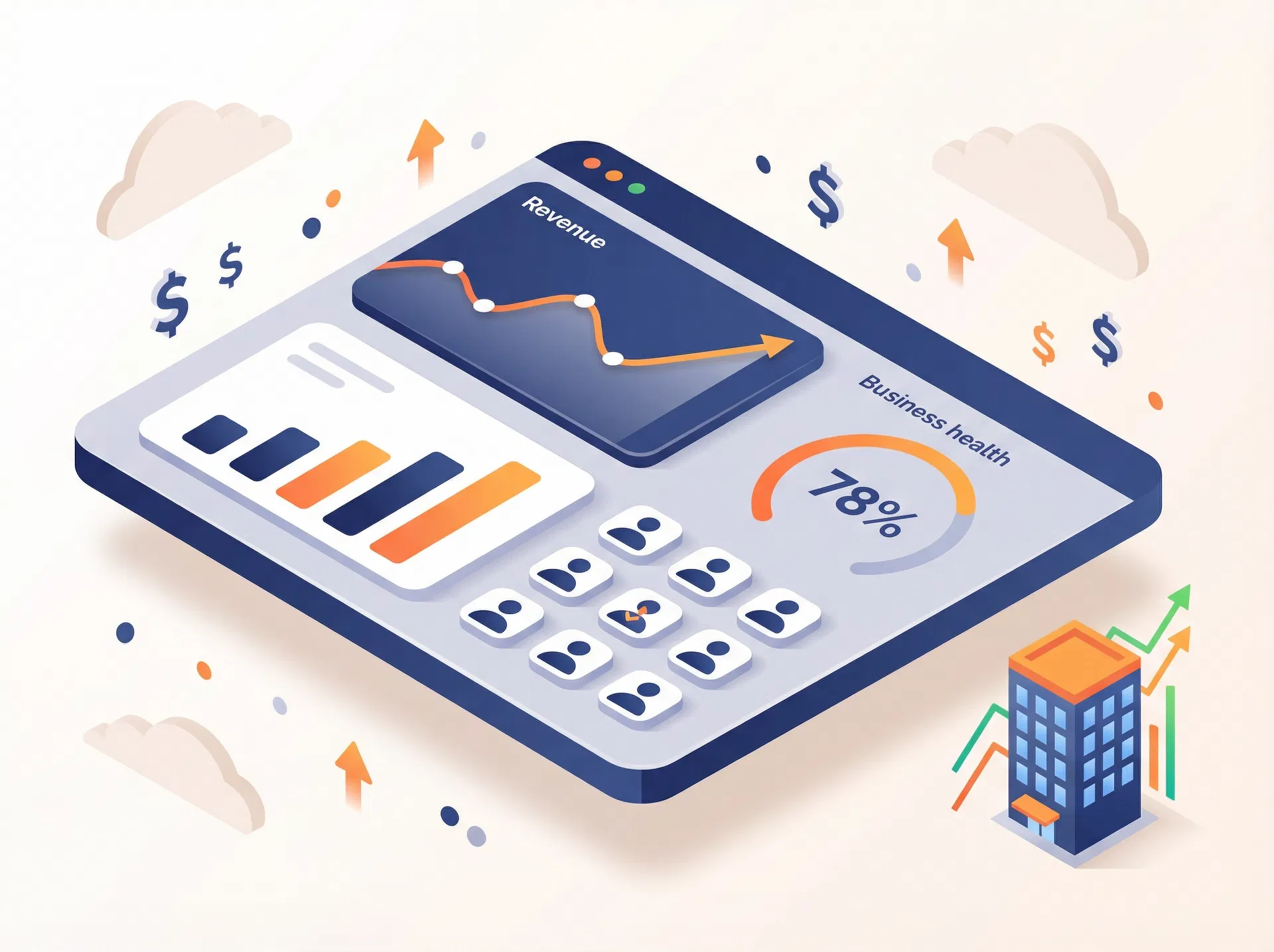 Foundr business simulation dashboard showing revenue charts, team, and business health