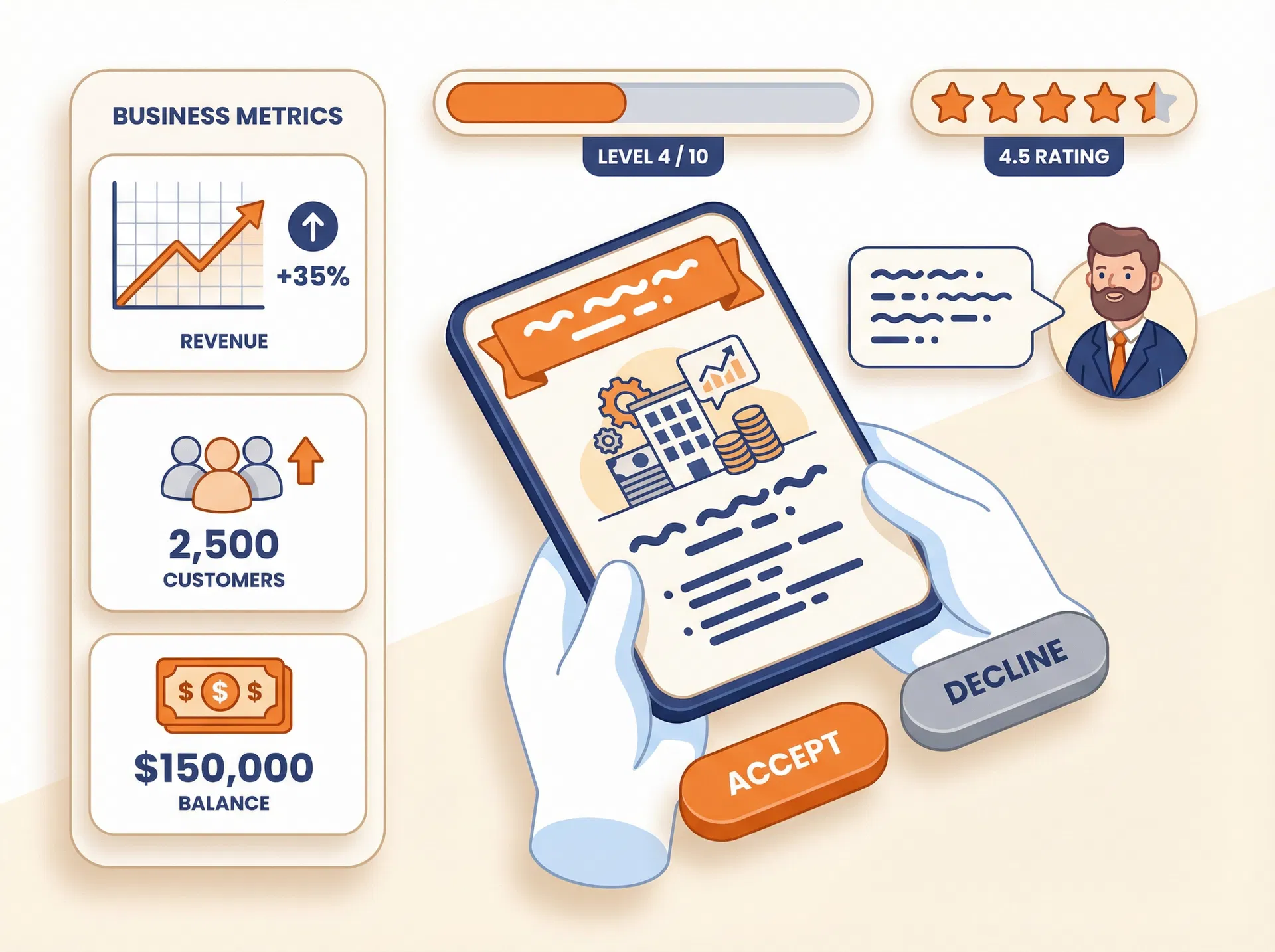 Foundr game interface showing decision cards, business metrics, and coach advice