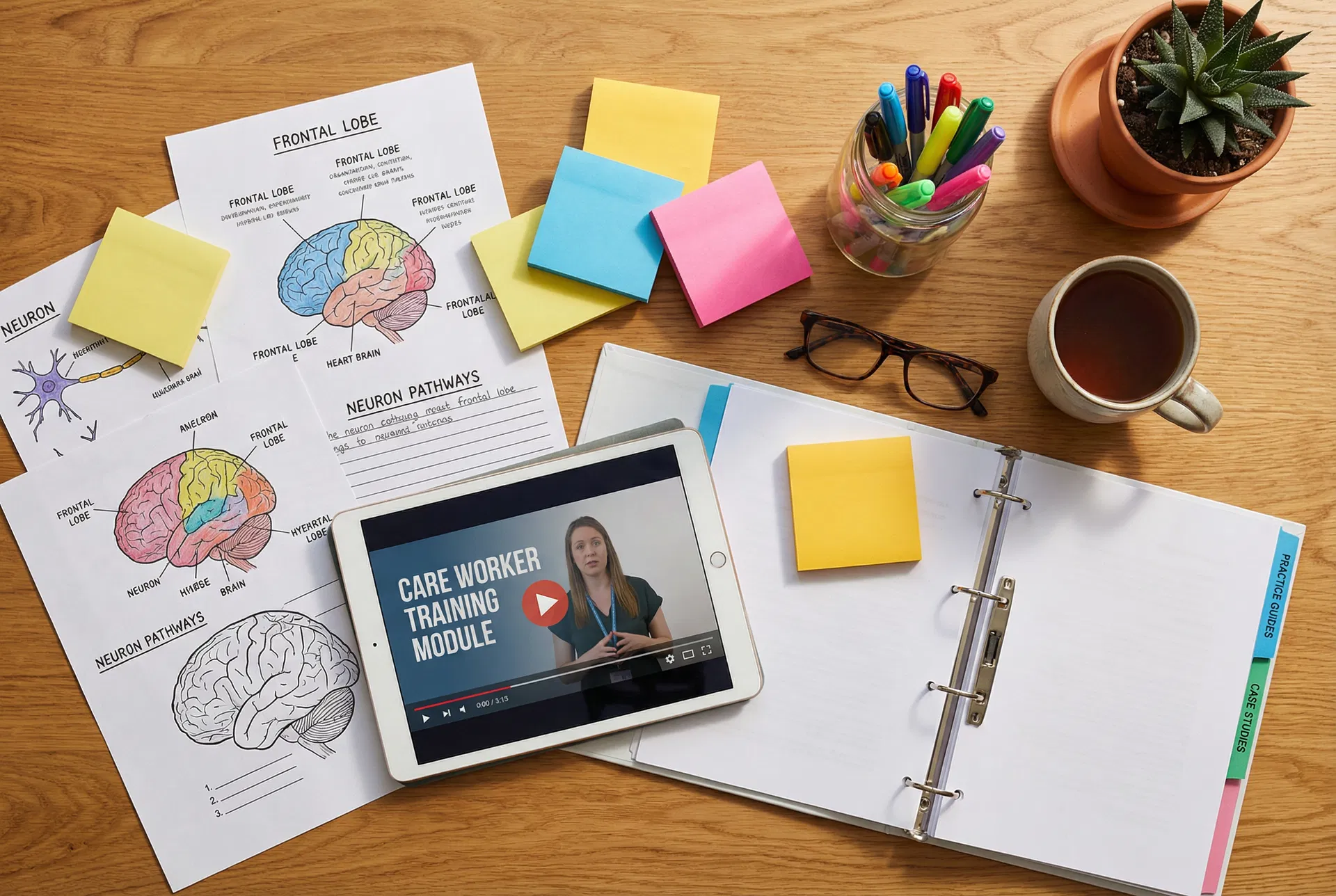 Workshop materials and training resources spread on a desk