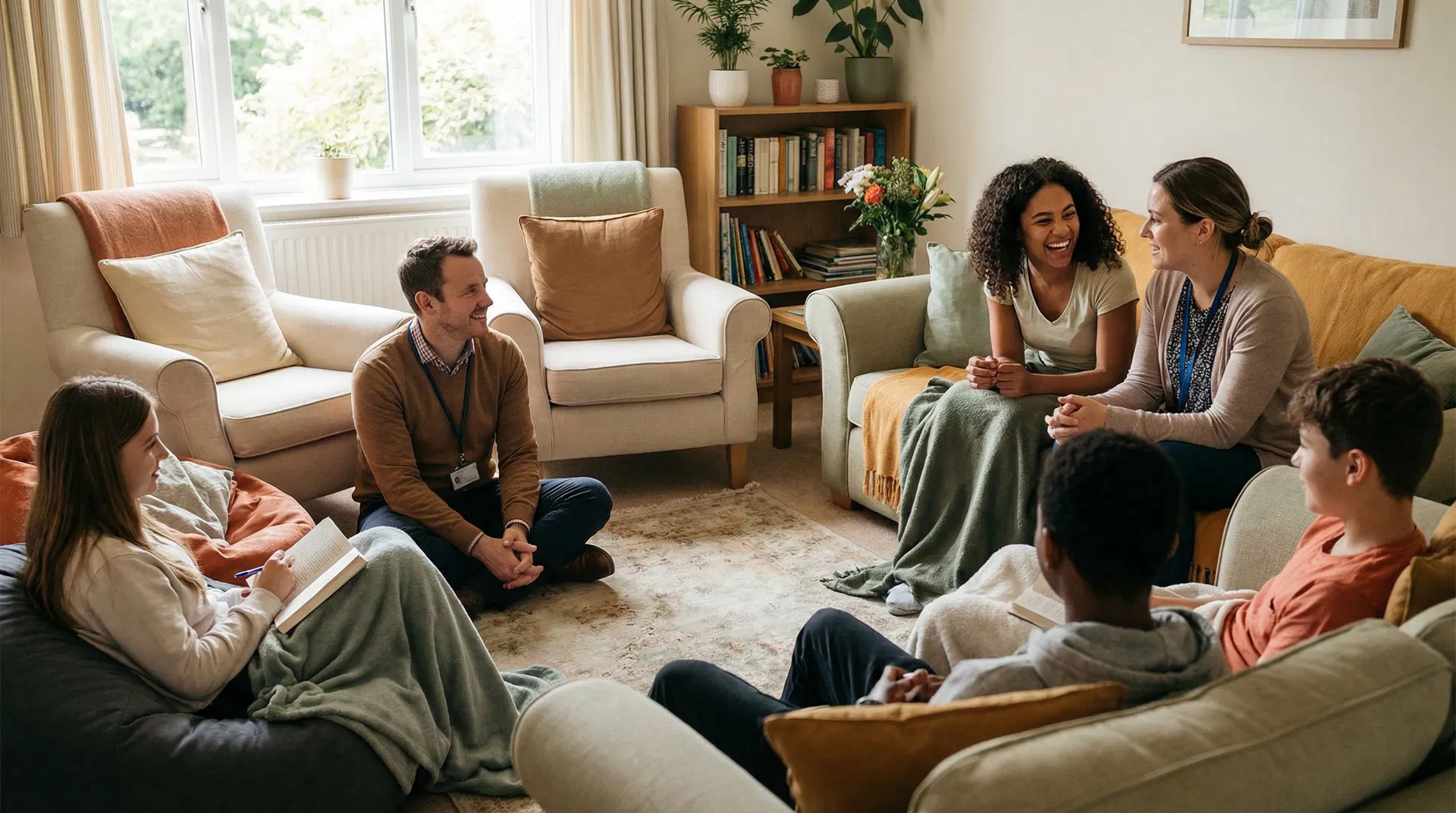 Caring residential staff with young people in a children's home