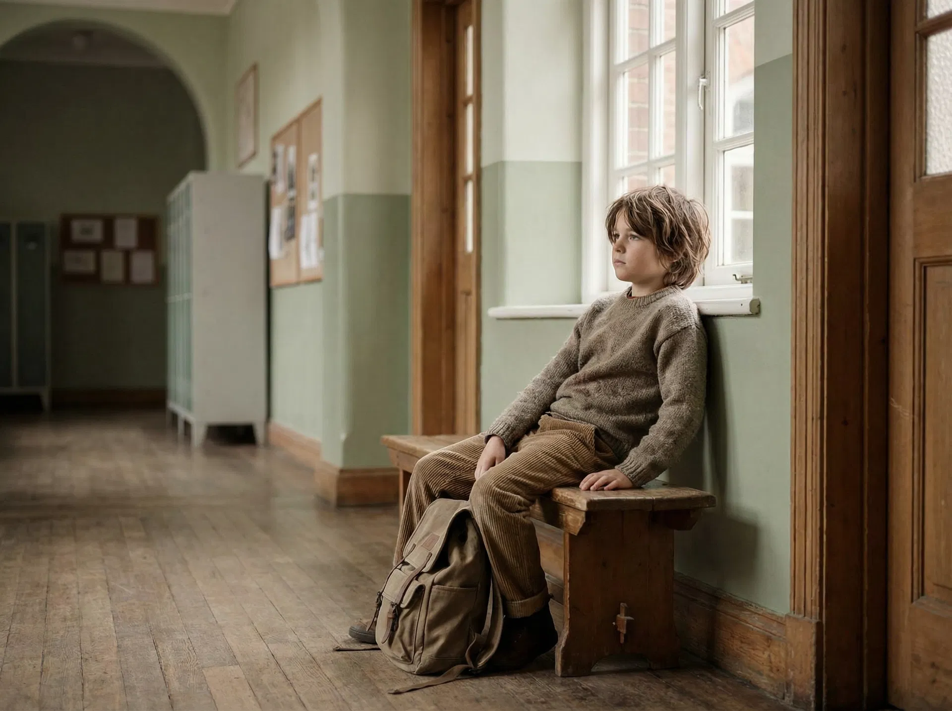 A child sitting thoughtfully in a school corridor