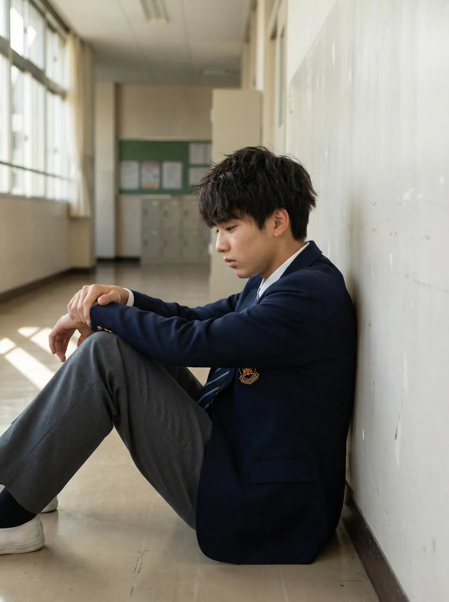 A child in school uniform standing at a door — the locked library metaphor